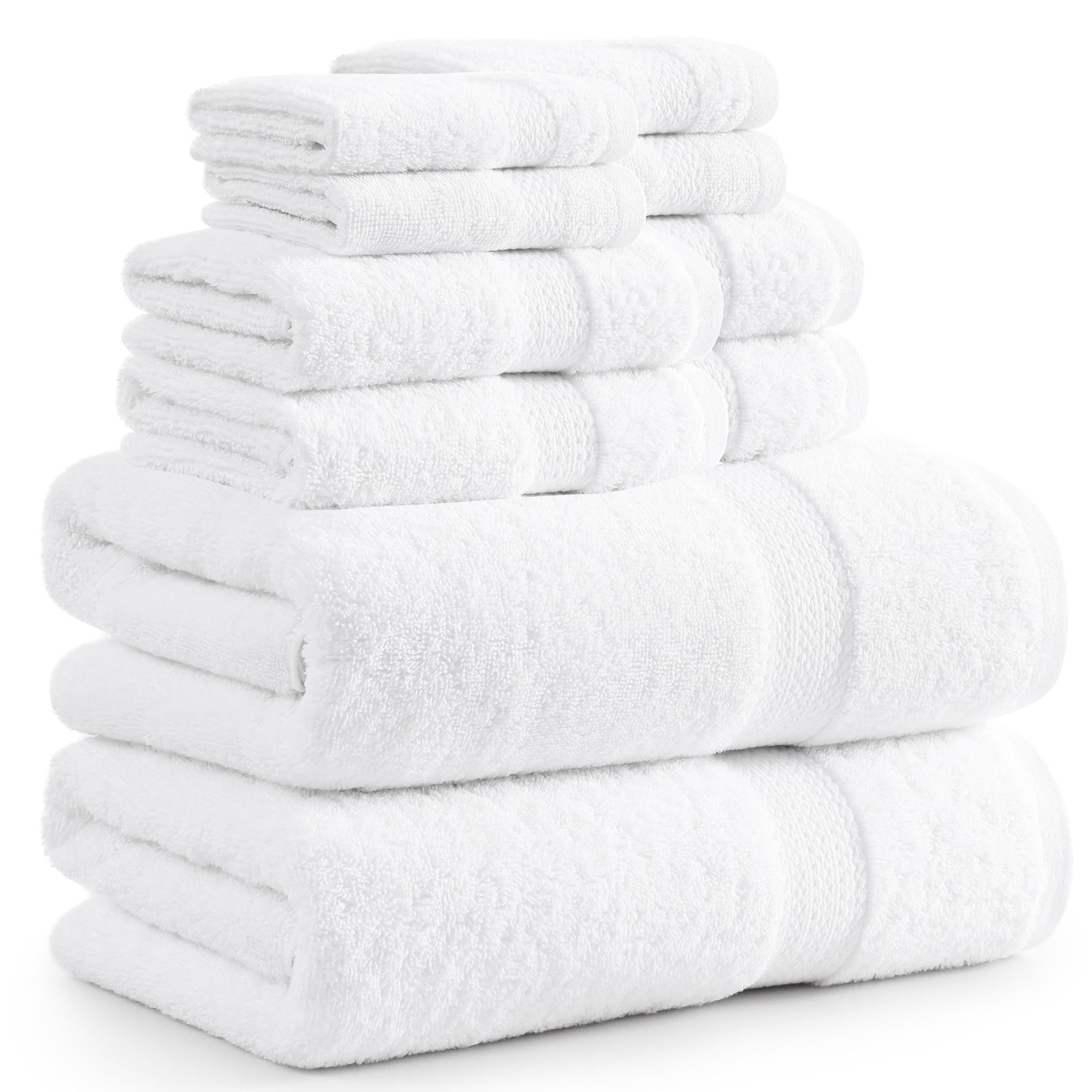 LANE LINEN 10 PC White Cotton Absorbent Bath Towels - 2 White Bath Towels, 4 Hand Towels, 4 Washcloths, Quick Dry Spa Towels Set