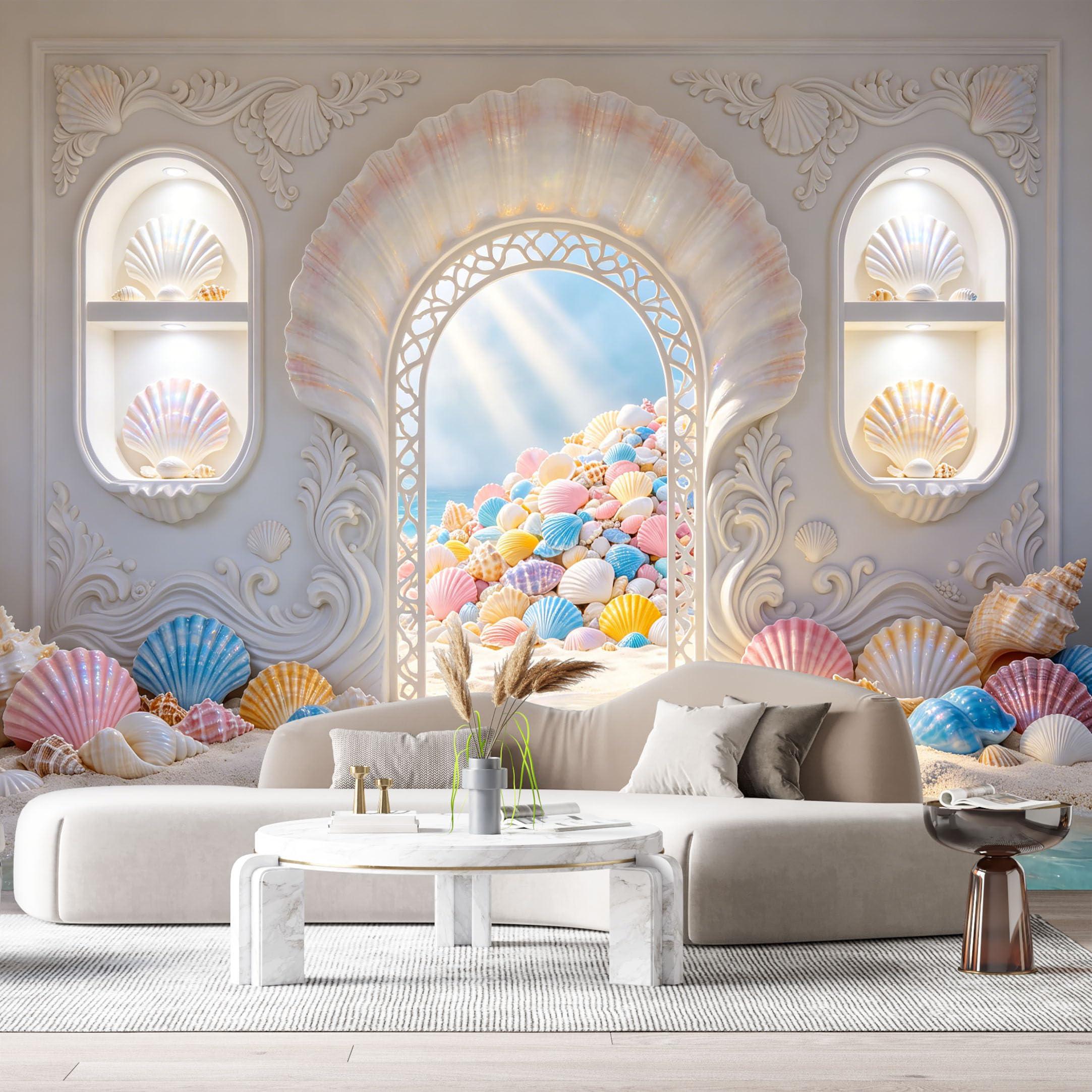 Custom Size Wall Murals Ocean Marine Coastal Seashell Grotto 3D Trompe L'Oeil SelfAdhesiveWall Fabric Removable Wallpaper Wall Decor for Living Room Bedroom Bathroom