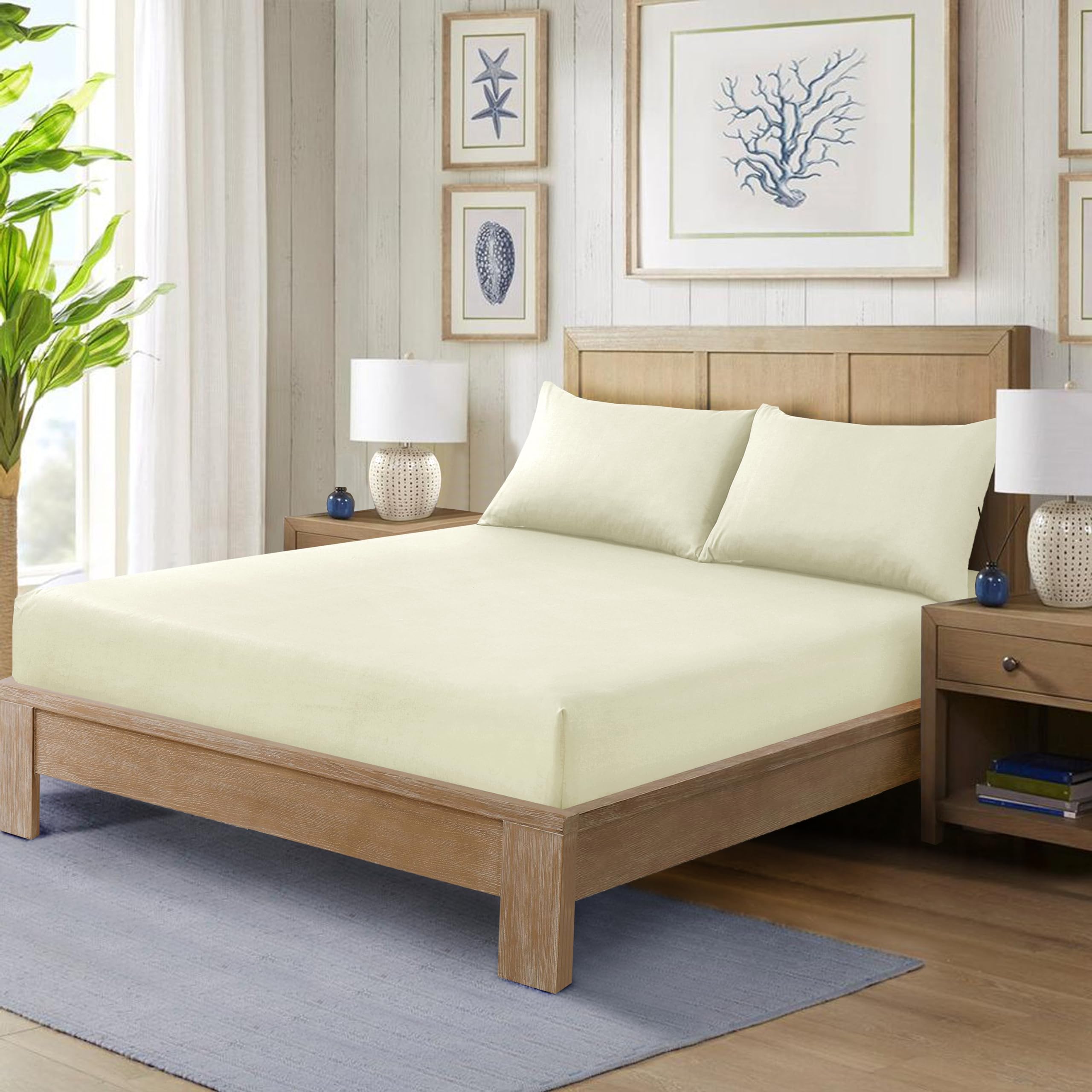 Hadi London Cream Polycotton Fitted Sheets For Single Double King Super King Size Bed Plain Dyed 25 Cm Extra Deep Fitted Sheet Cover With 200 Thread Count And Elasticated Edges (, Super King)