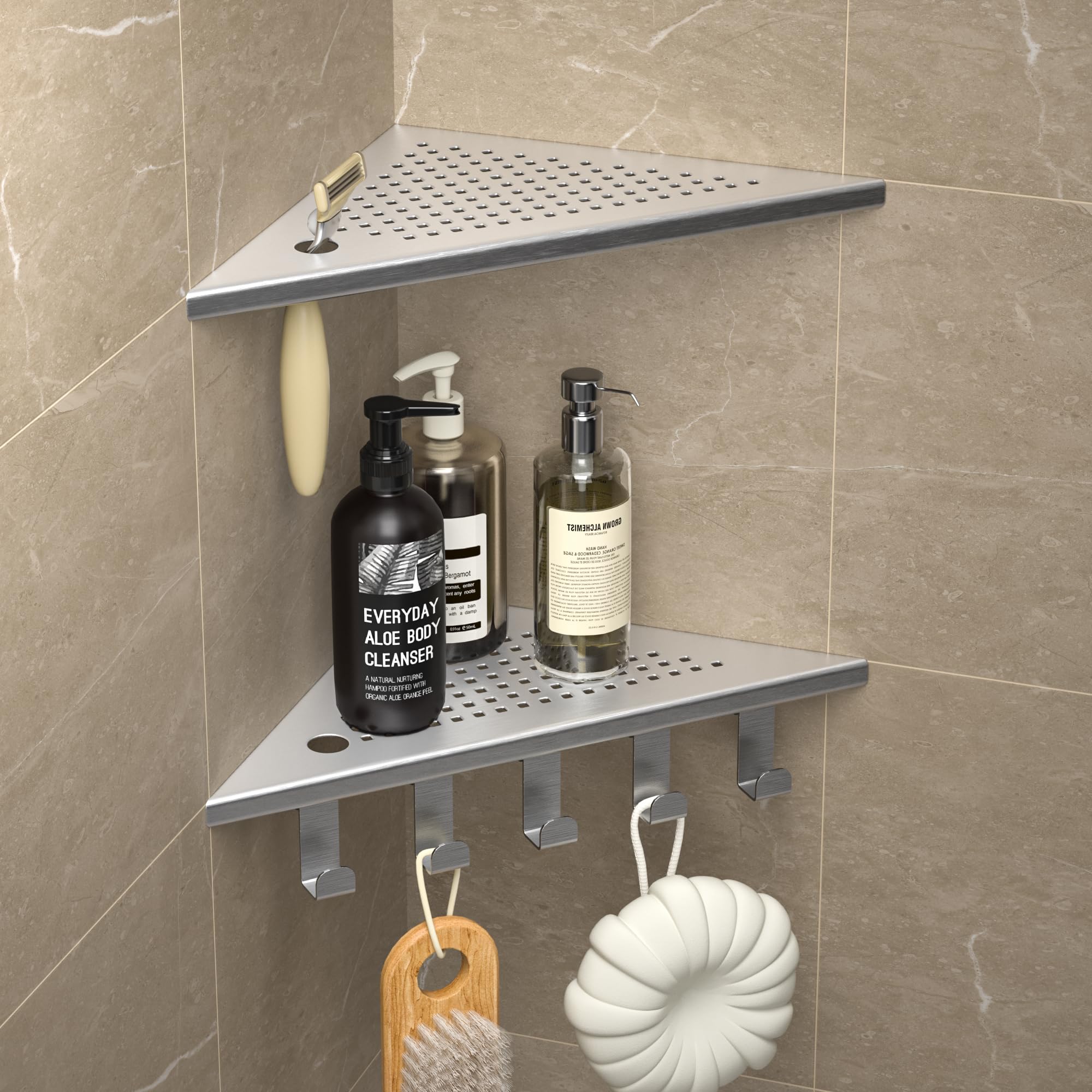 Étagère de douche inox 304 antirouille avec crochets pour carrelage