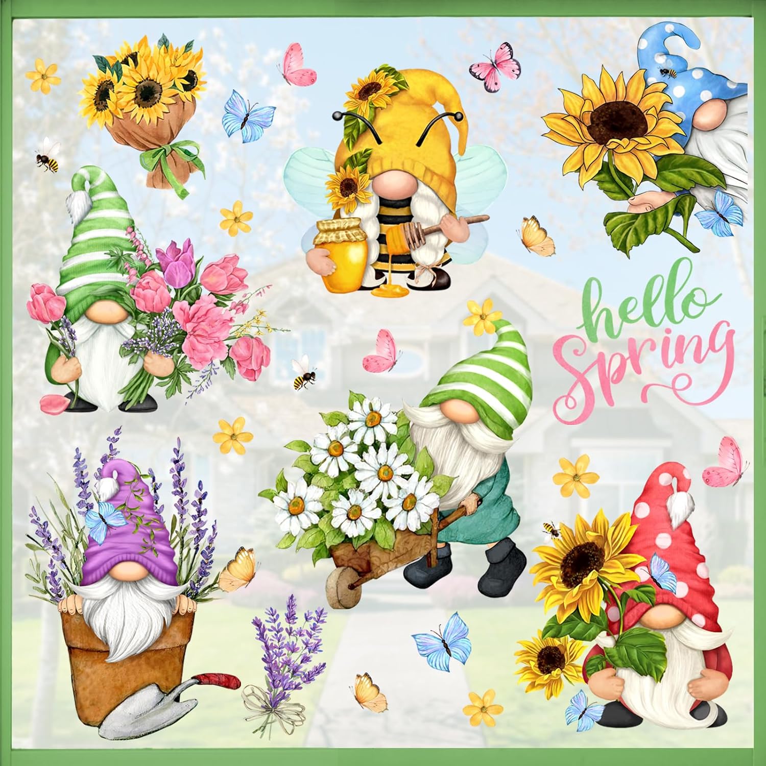 Mfault Hello Spring Gnomes Flowers Window Clings 9 Sheets, Floral Sunflower Daisy Wall Glass Stickers Decal Tulip Lavender Decorations, Living Room Home Kitchen Decor