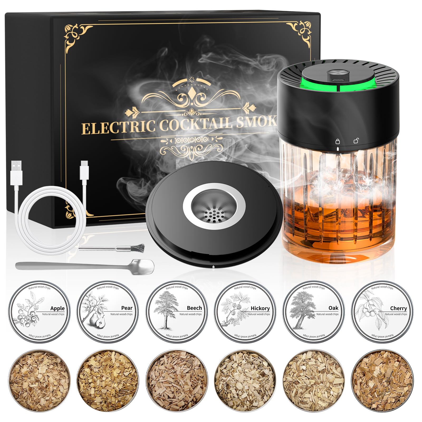 iDiskk Kit ahumador de cócteles eléctrico, ahumador de whisky recargable, encendedor incorporado, 6 astillas de madera para bebidas Old Fashioned, Bourbon, whisky, regalo original para hombres
