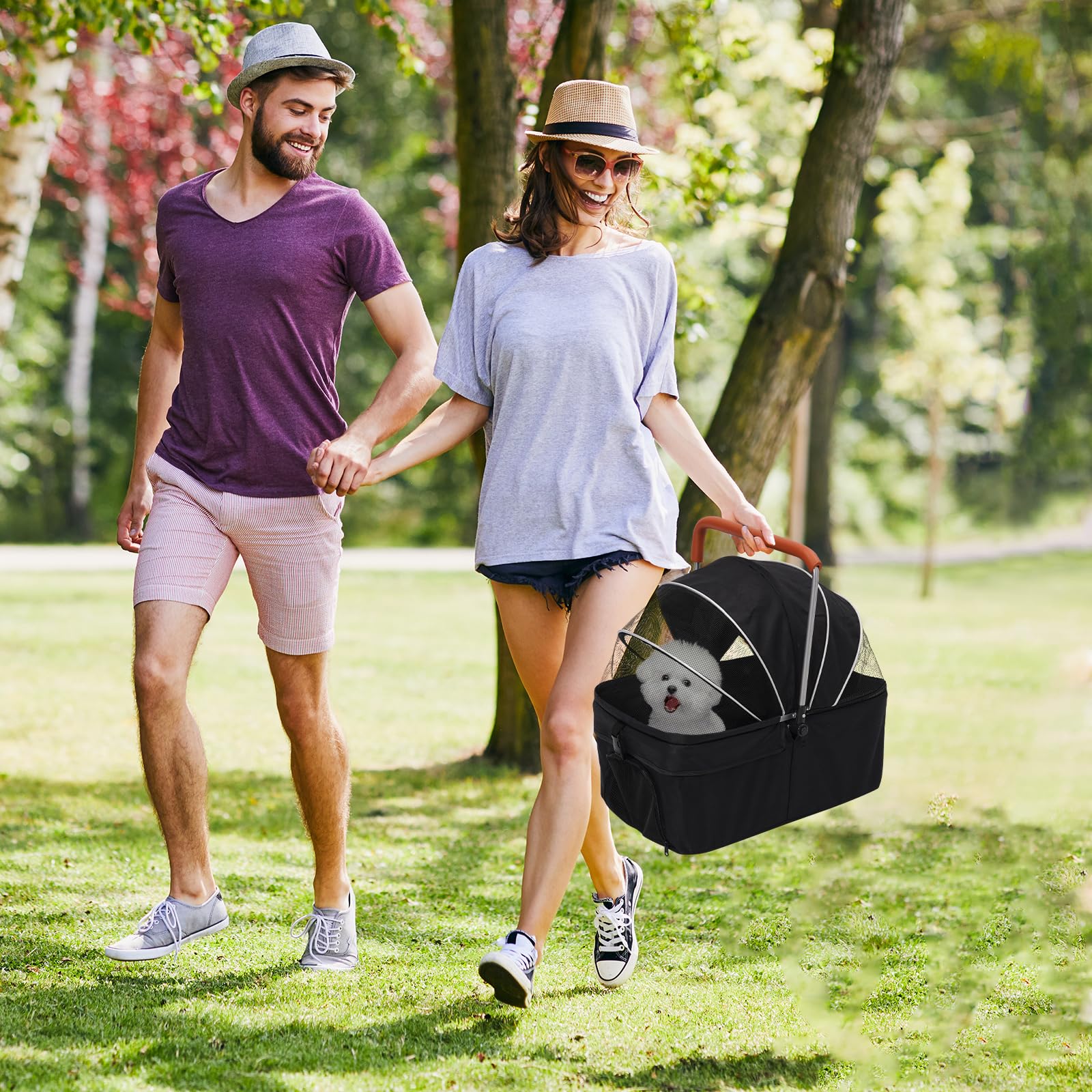 Cochecito para Perros 3 en1,Carro Perro Plegable,Hasta 20kg, Carrito Perro Con Rueda Universal de 360° con Freno,Cesta de Almacenamiento,Ventana de Malla,Portavasos y Asa Ajustable,para Perros Gatos