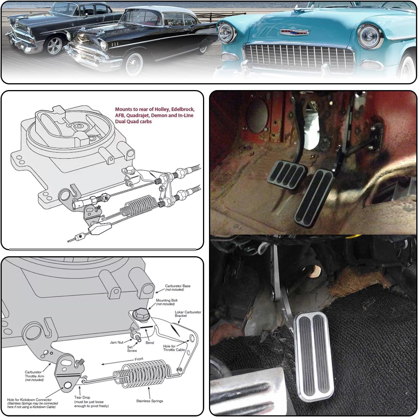 Billet Aluminum Gas Pedal with Brake and Clutch Pad Black,36" Throttle Cable Bracket Spring Kit