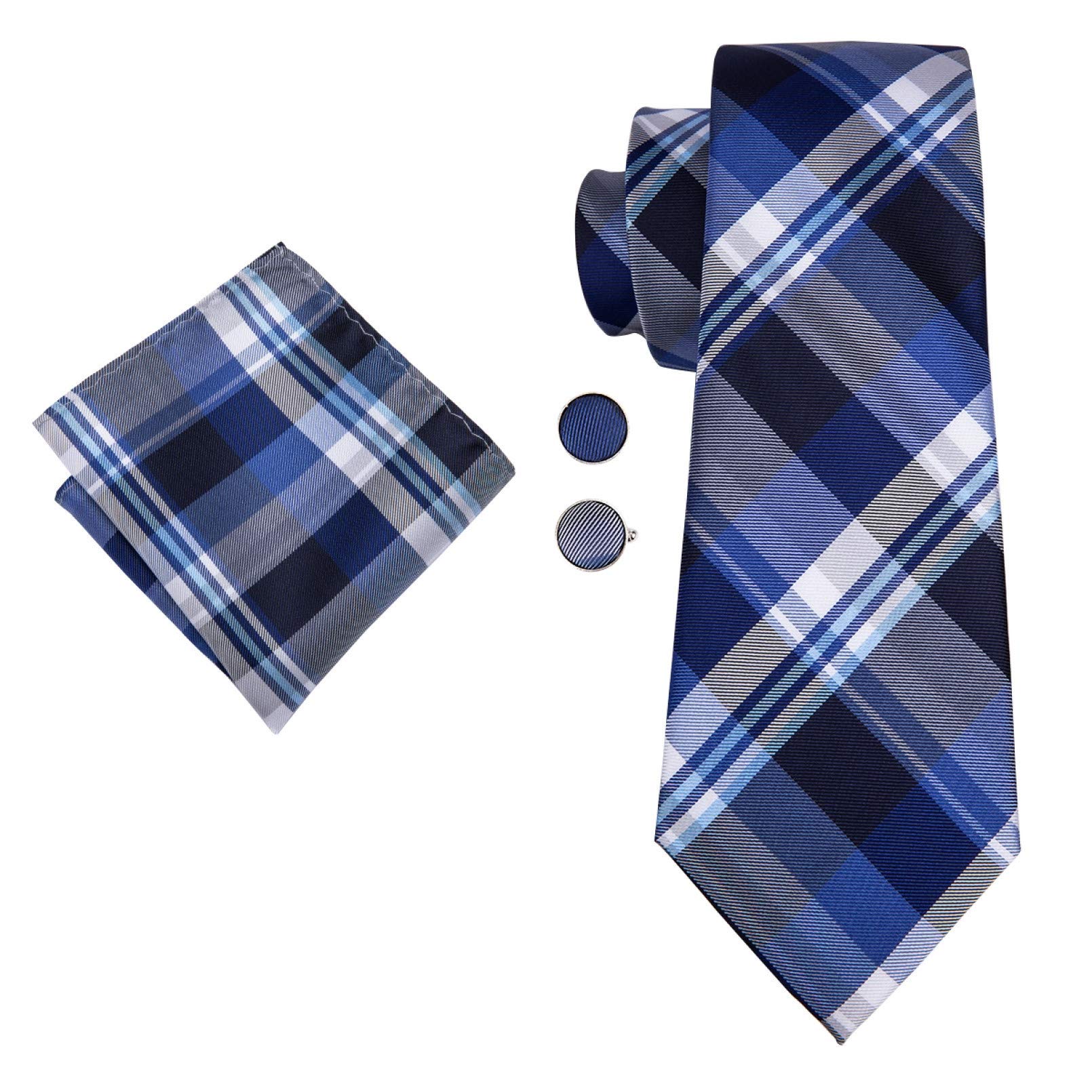 Neckties Set Men Plaid Tie Checked Neck Tie Blue Striped Ties Clip Pocketware Cufflinks Set for Wedding Tie Black Gift Box