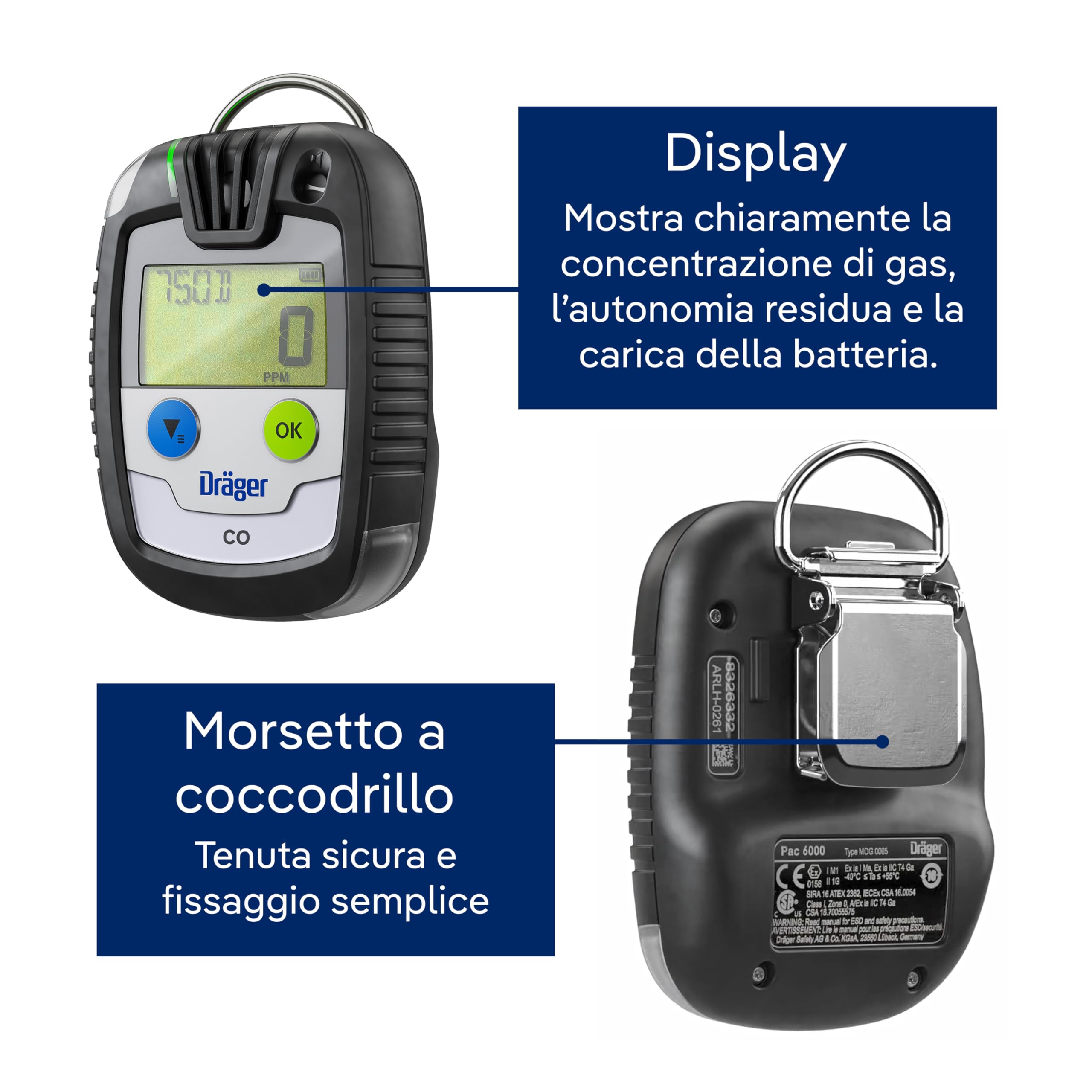 Dräger Pac® 6000 CO | Dispositivo professionale portatile per la rilevazione di monossido di carbonio| Rilevatore monogas con allarme, sensore e batteria di lunga durata