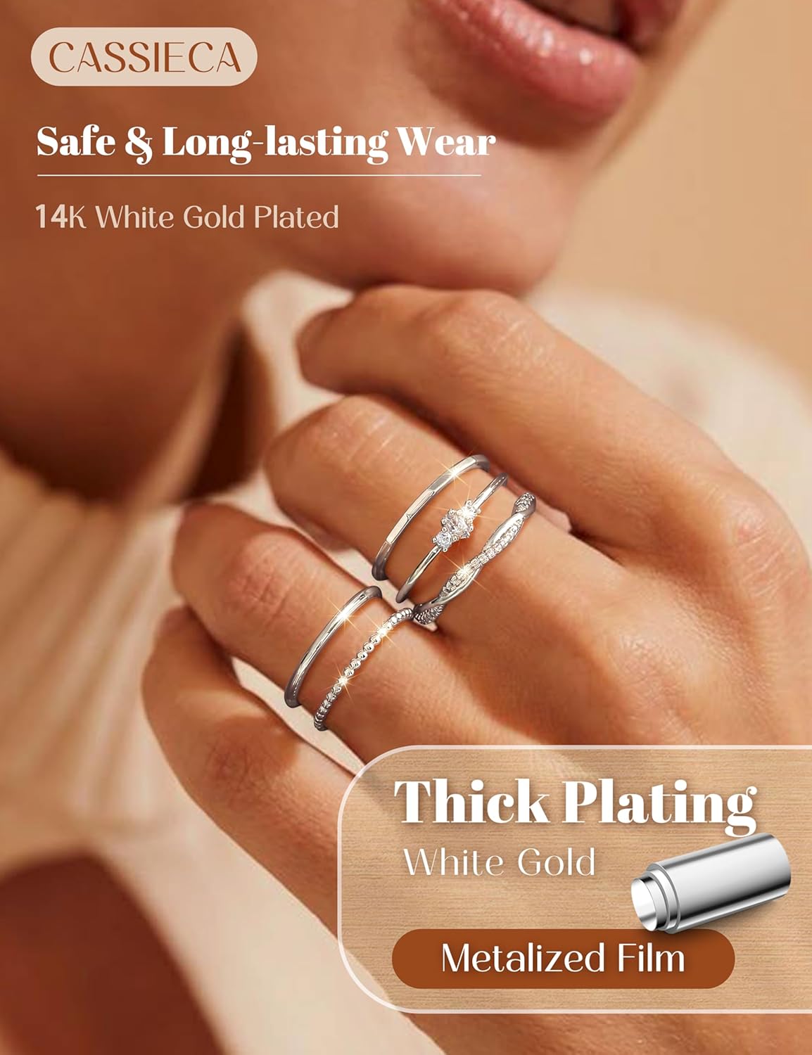 CASSIECA 14K Gold Plated Stackable Rings for Women Non Tarnish Cubic Zirconia Band Rings Set Dainty Trendy Statement Engagement Promise Stacking Ring Size 5-10 - Image 2