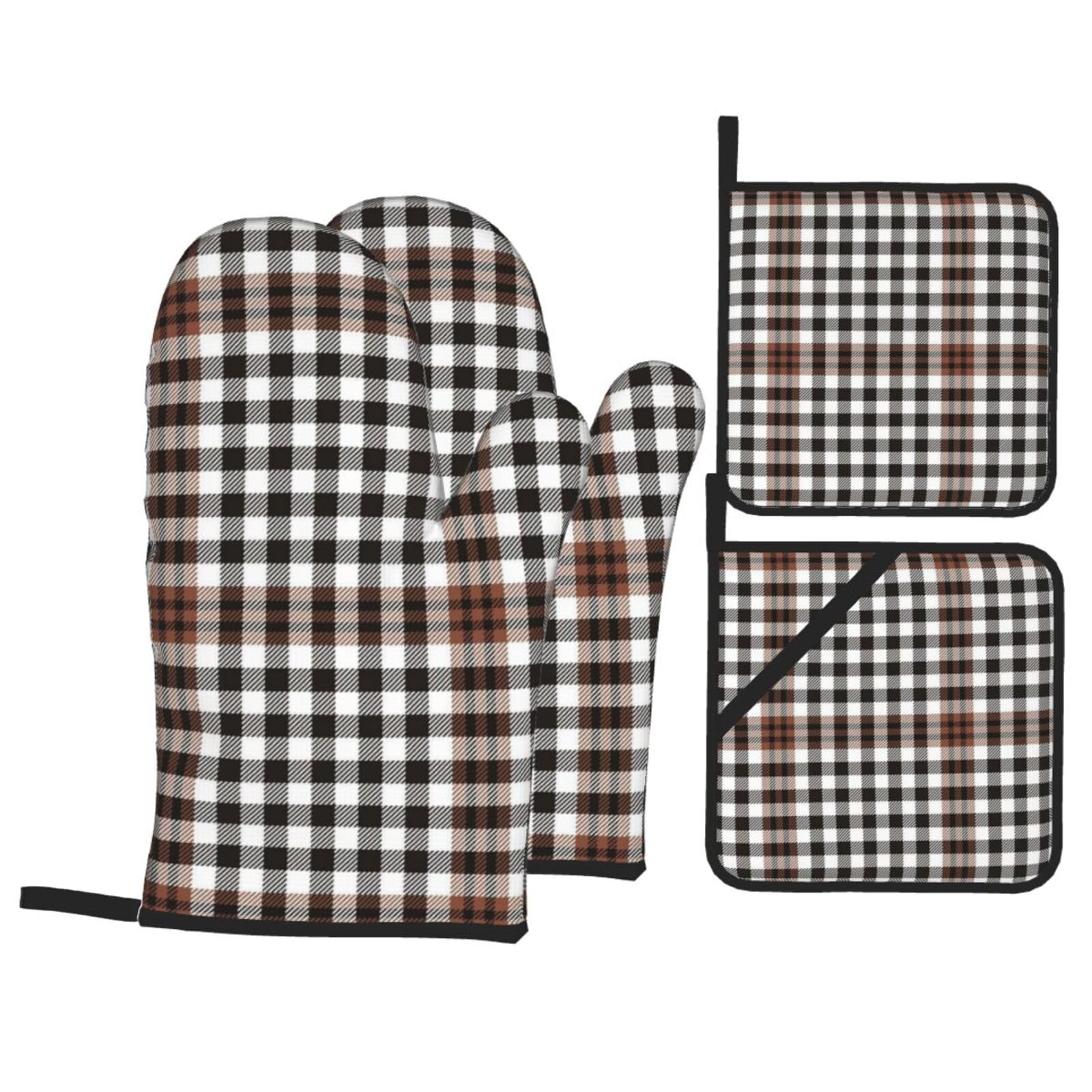 Burns Check Scottish Plaid Oven Mitts and Pot Holders 4 Pcs Set, High Heat Resistant Kitchen Cotton Oven Glove for Baking, BBQ, Cooking