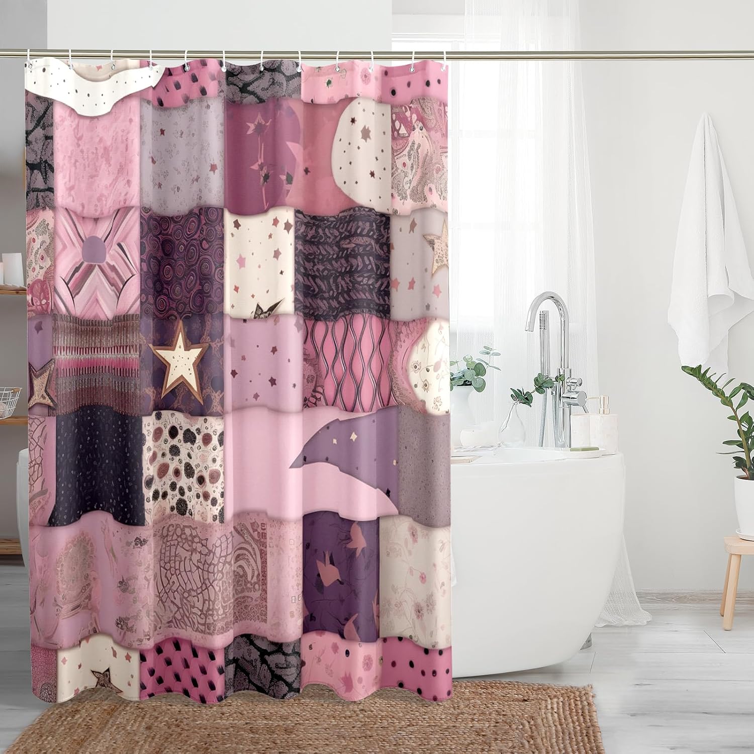 TPHIHPT Patchwork Shower Curtain Abstract y2k Pink