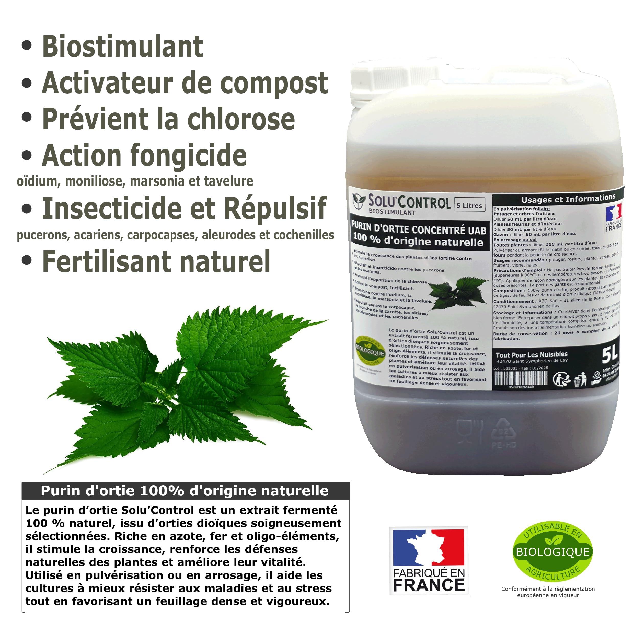 Purin d’Ortie Naturel Solu’Control UAB – 5L – Fongicide & Insecticide Végétal – Stimule la Croissance et Renforce les Plantes – Utilisable en Agriculture Biologique – Fabriqué en France