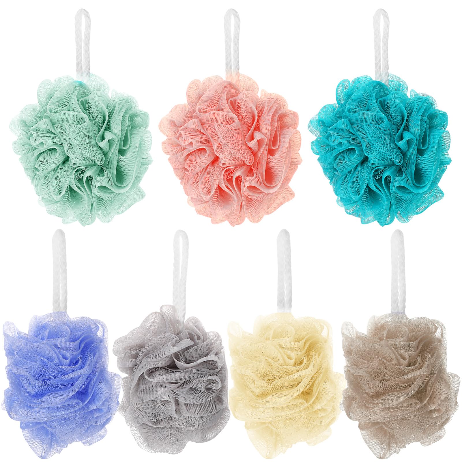 HOUDERCO 7Pcs Shower Loofah Exfoliating Bath Balls Grey and Durable Body Scrubber for Skin Cleansing and Foaming