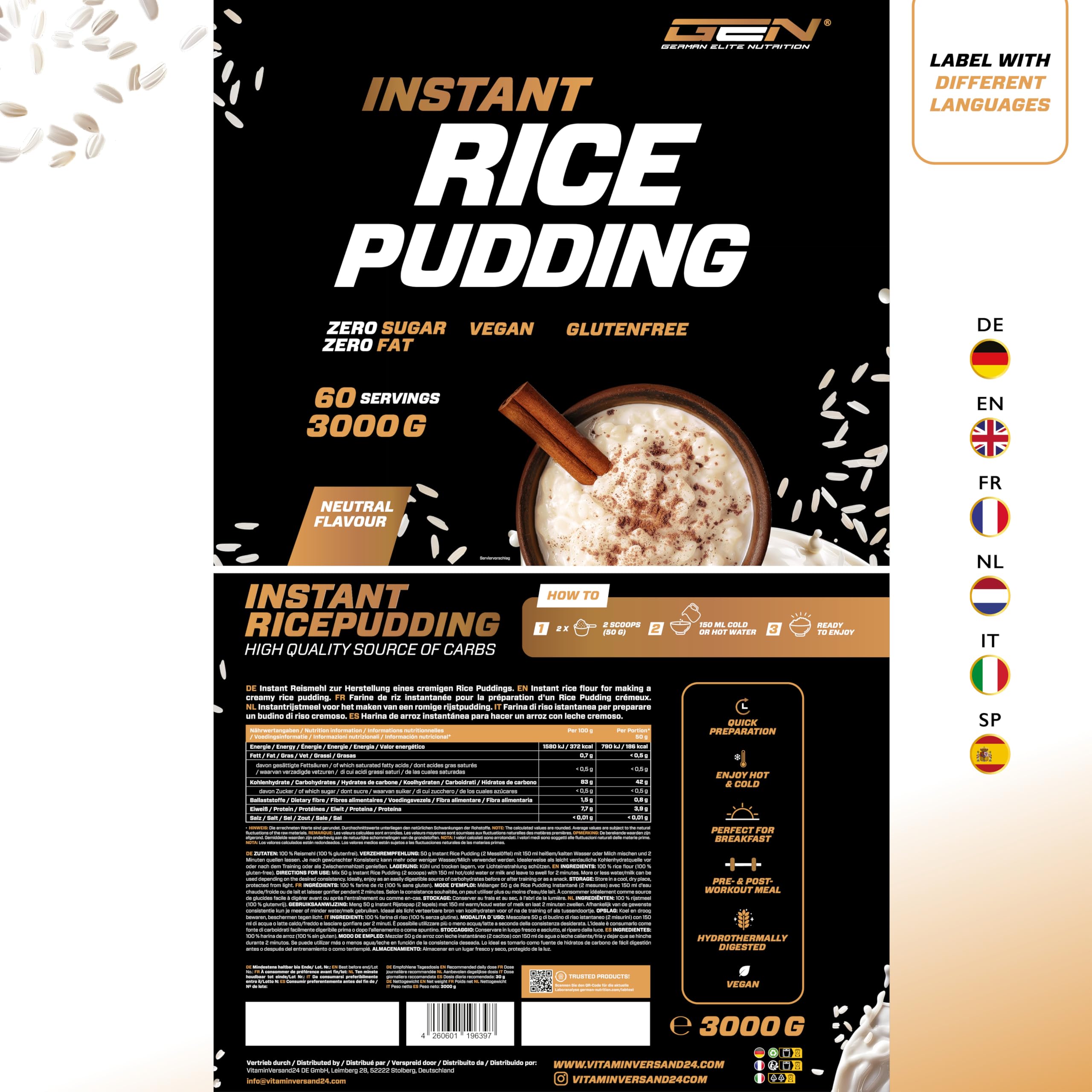 Veganer Instant Reispudding 3 kg - Rice Pudding Neutral - Hochwertige Energiequelle 100% Reis - Komplexe Kohlenhydraten