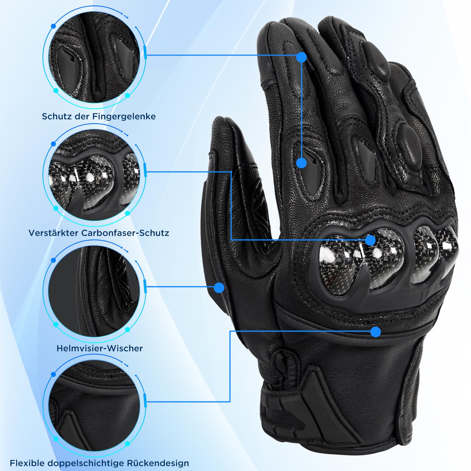 evermotor Motorradhandschuhe aus Ziegenleder für Herren und Damen - Winter Leder Motorrad Handschuhe mit Touchscreen-Funktion und Carbon-Knöchelschutz, ideal für Moped MTB Radfahren Straßenrennen
