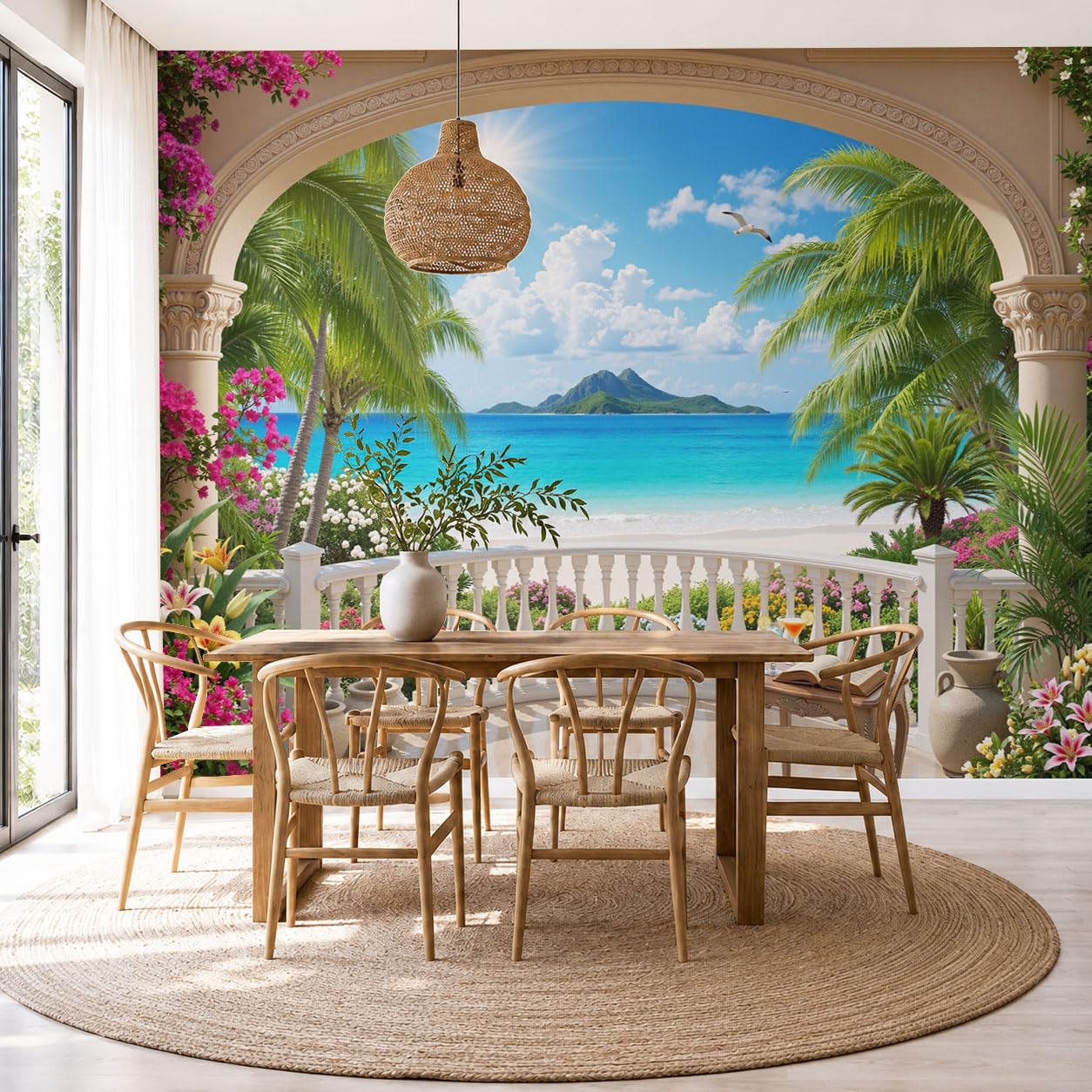 Papier Peint Panoramique Paysage Nordique En Terrasse 350X256Cm Murale Photo - Vacances Romantiques À La Plage Bleu Tapisserie Murales Papier Peint Intissé Pour Chambre Salon Fond Tv - Photo Muraux