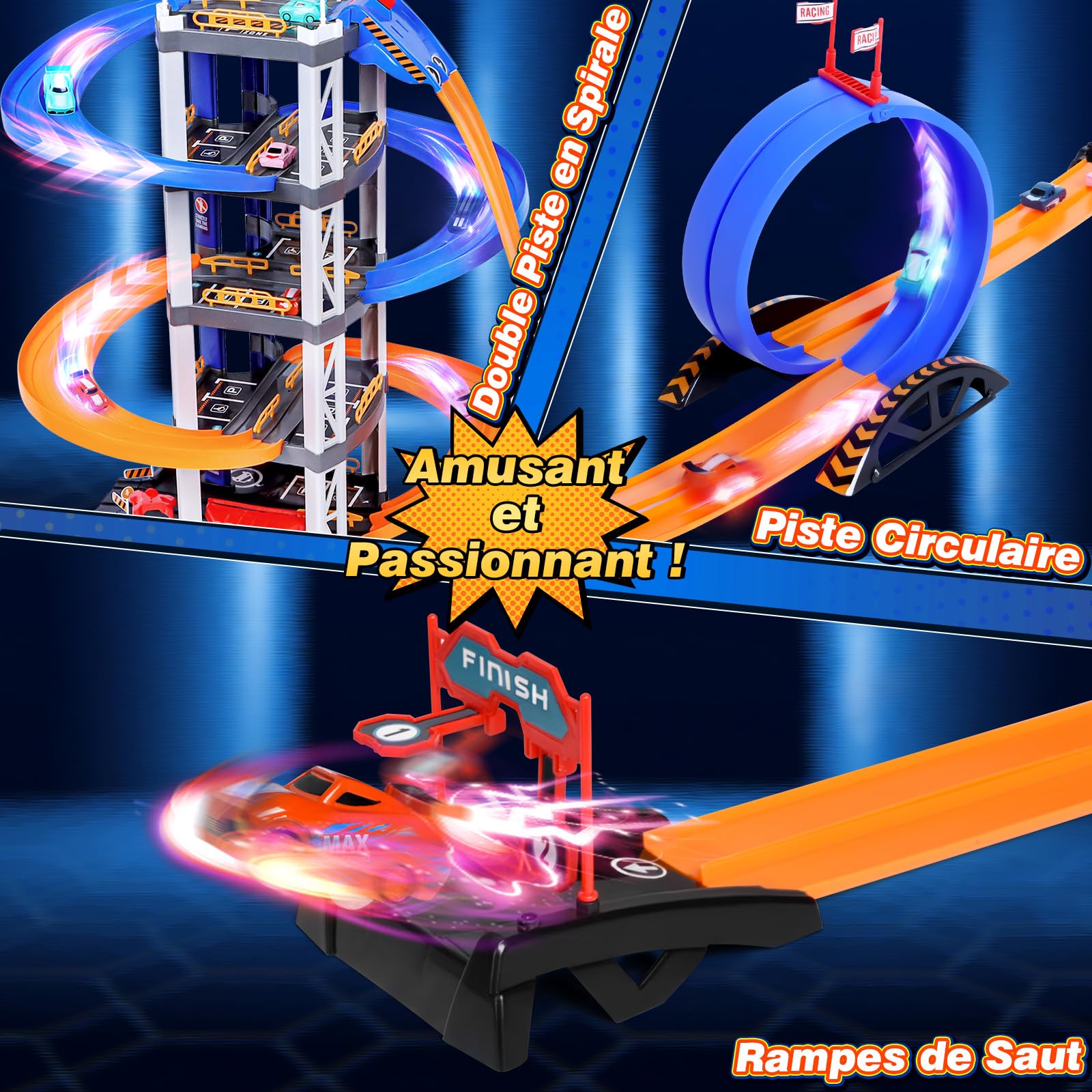 Charmofun 5 Etages Garage pour Enfants, Circuit Voiture Enfant avec 8 Voitures, Double Rampe, Ascenseur, Son et Lumière, Grand Garage Voiture Parking Jouet Enfants 3 4 5 6 7 8 Ans
