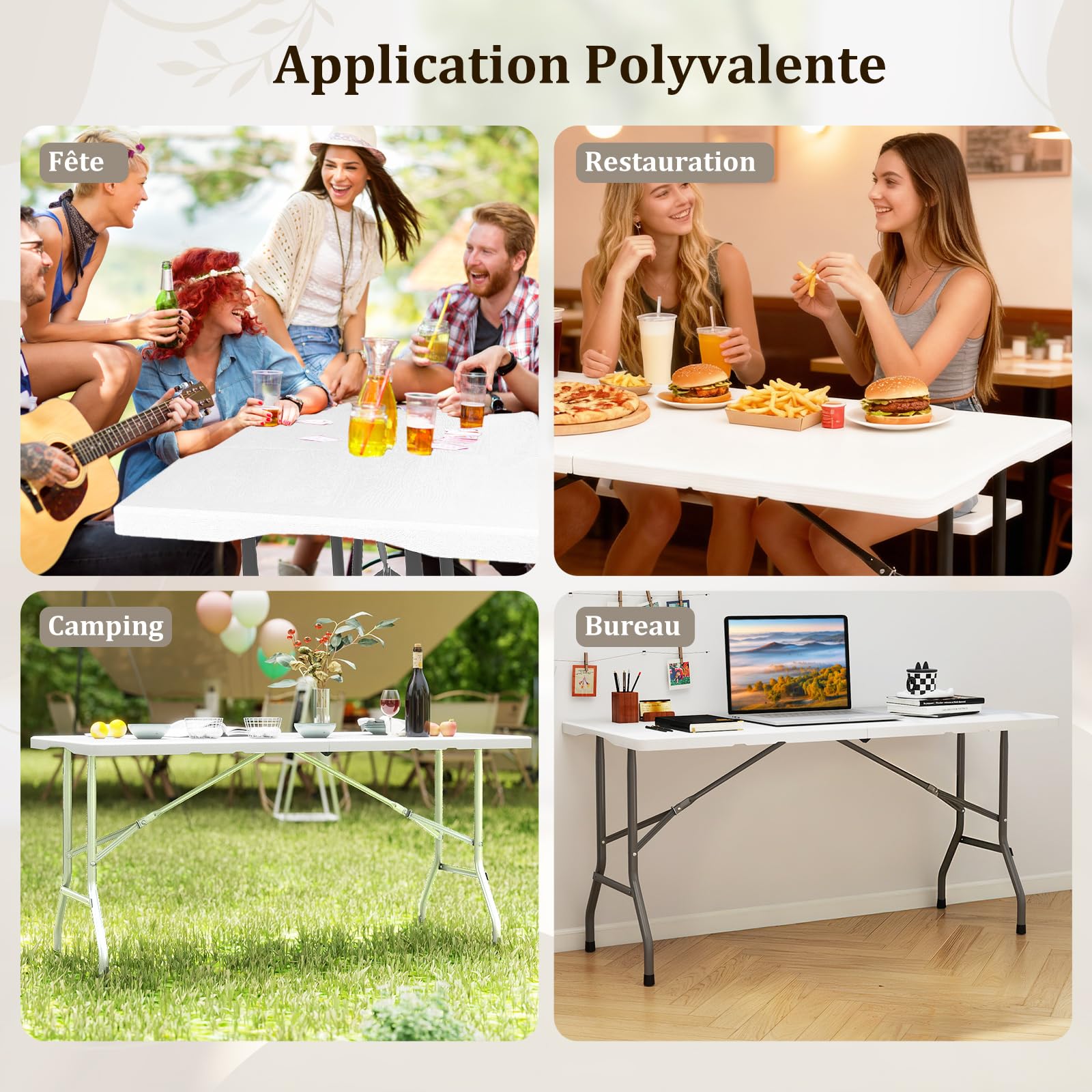 COSTWAY Table de Camping Pliante de 152 cm, Table de Pique-Nique pour 4 à 6 Personnes Plateau en PEHD Poignée de Transport, pour Camping Barbecue Fête (Blanc)
