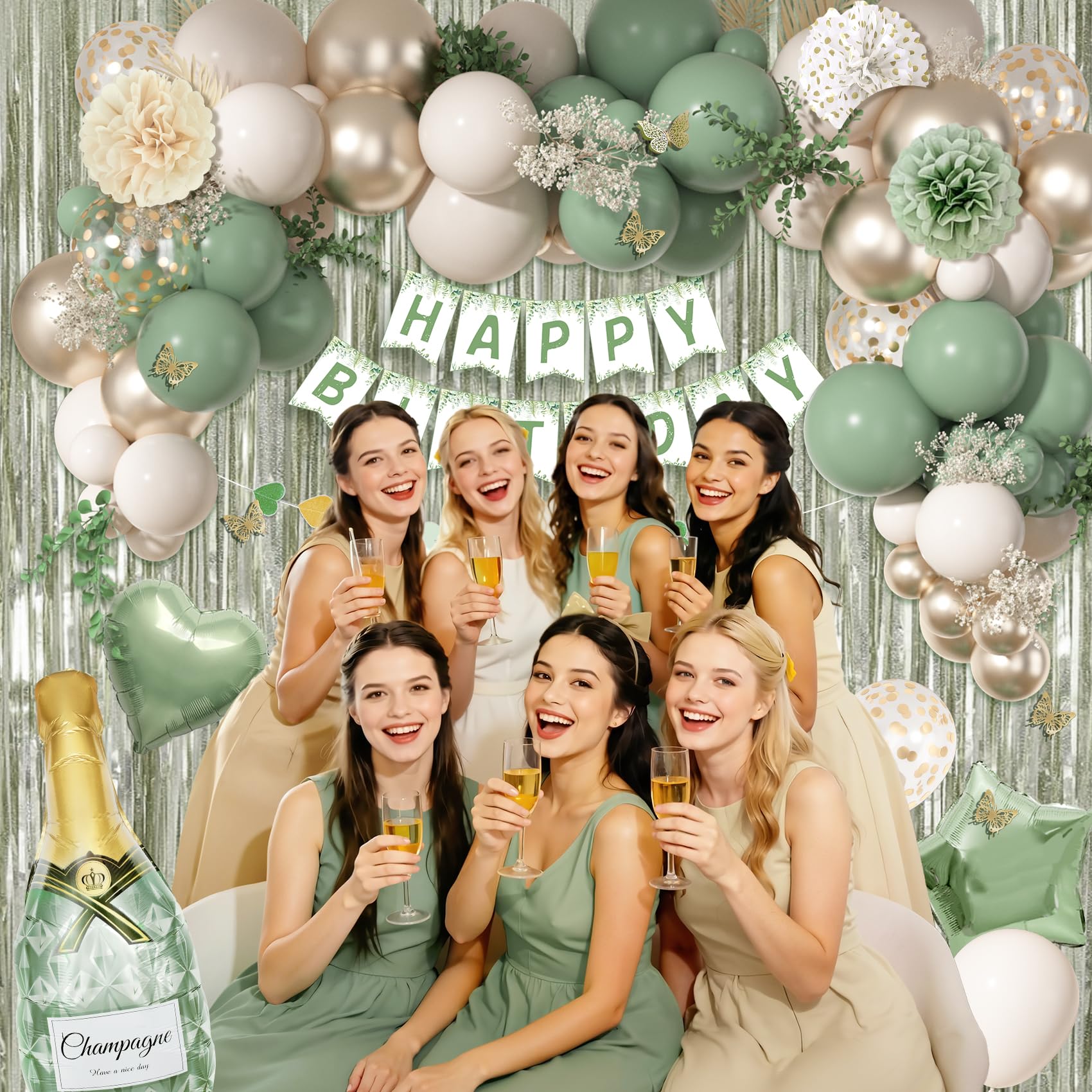 Ouddy Life Decoración de cumpleaños verde salvia, cortina de flecos de globos de confeti verde blanco y dorado, pancarta de feliz cumpleaños, decoración de pastel para mujeres, niñas, niños, neutro,