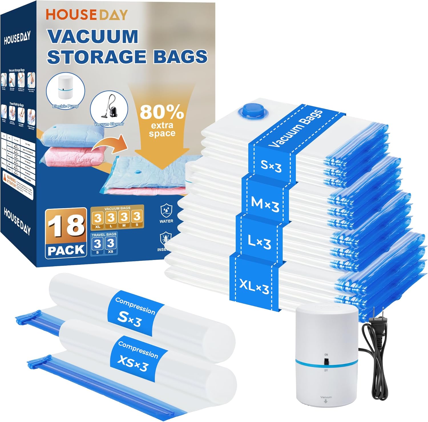 HOUSE DAY 18 Pack Vacuum Storage Bags with Electric Pump, Valve, Space Saver Vacuum Seal Bags for Clothing, Comforters, and Travel Essentials 3 Jumbo,3 Large,3 Medium,3 Small/3 Small,3 XS Roll Up Bag 18 Combo-E PUMP