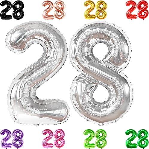 Globos gigantes plateados del número 28, 40 pulgadas, globos del número 28, decoraciones de cumpleaños 28 para hombres, globos de cumpleaños 28 para