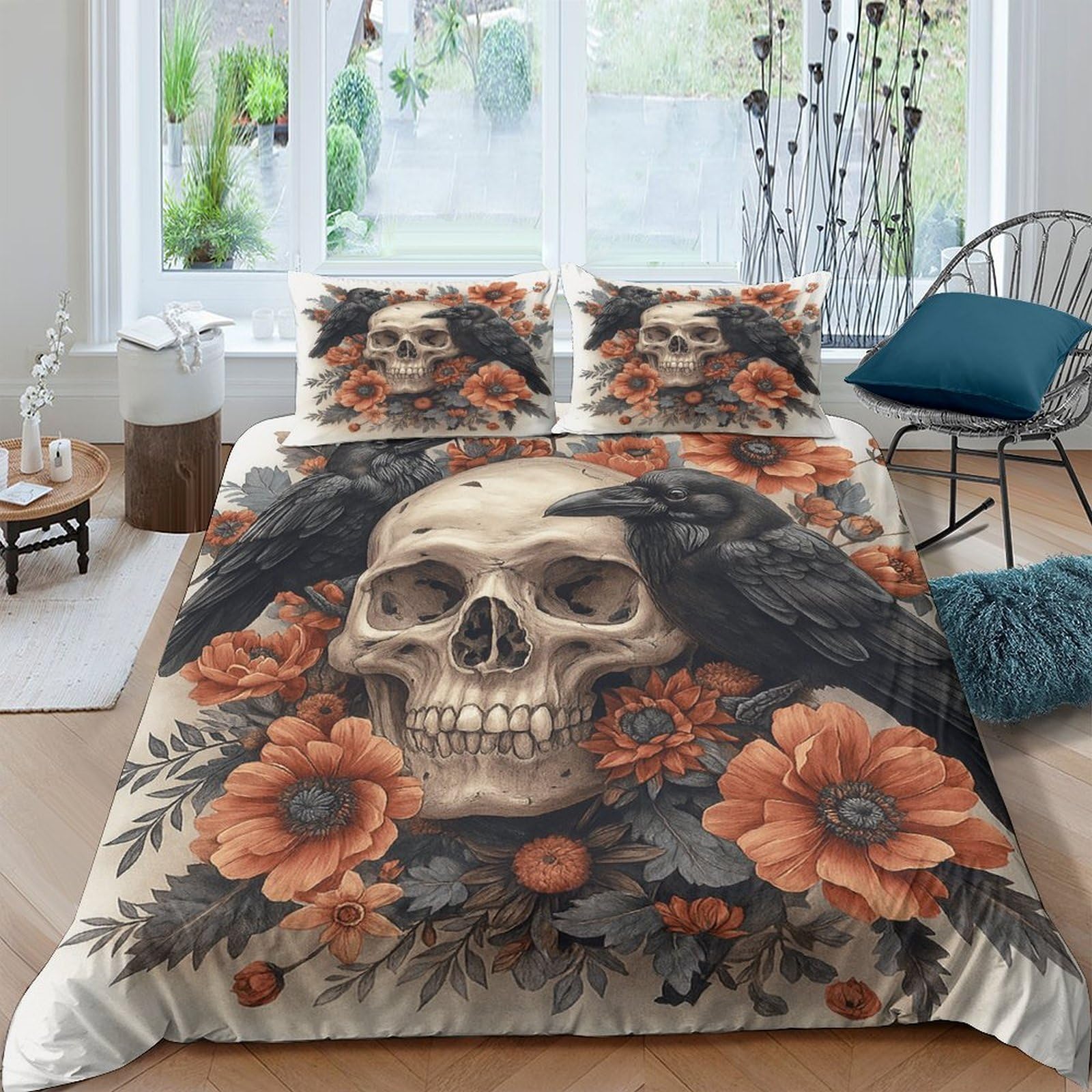 TUFRTGYHN 3D Printed Skull Floral Duvet Cover Microfiber Soft Breathable Bedding Set with 2 Pillowcases for Bedroom Decor Single（135x200cm）
