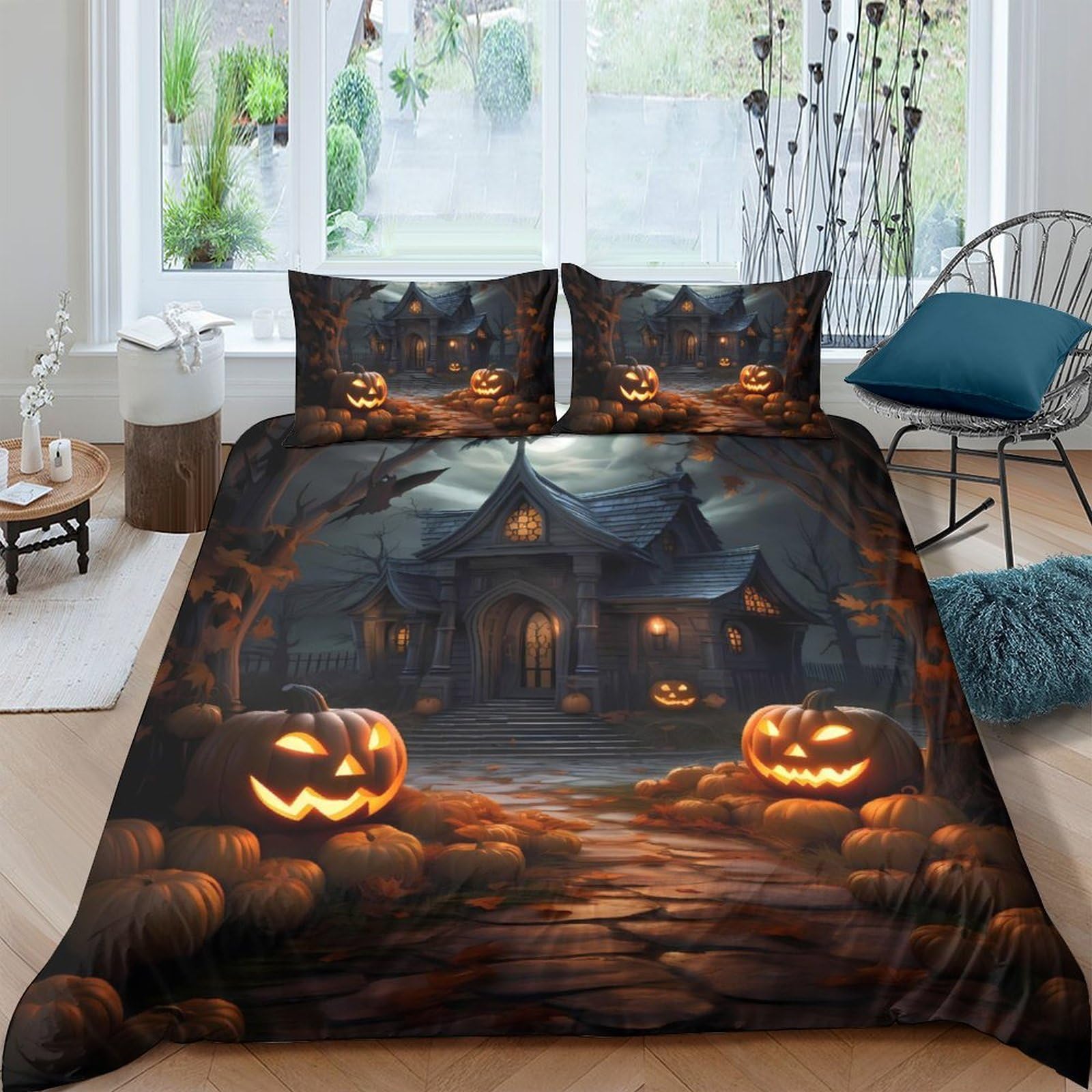 Ctjqhvkz Style-3 3D Printed Halloween Haunted House Fitted Sheet Microfiber Orange Pumpkin Mattress Cover Bedroom Decor Single（135X200cm）