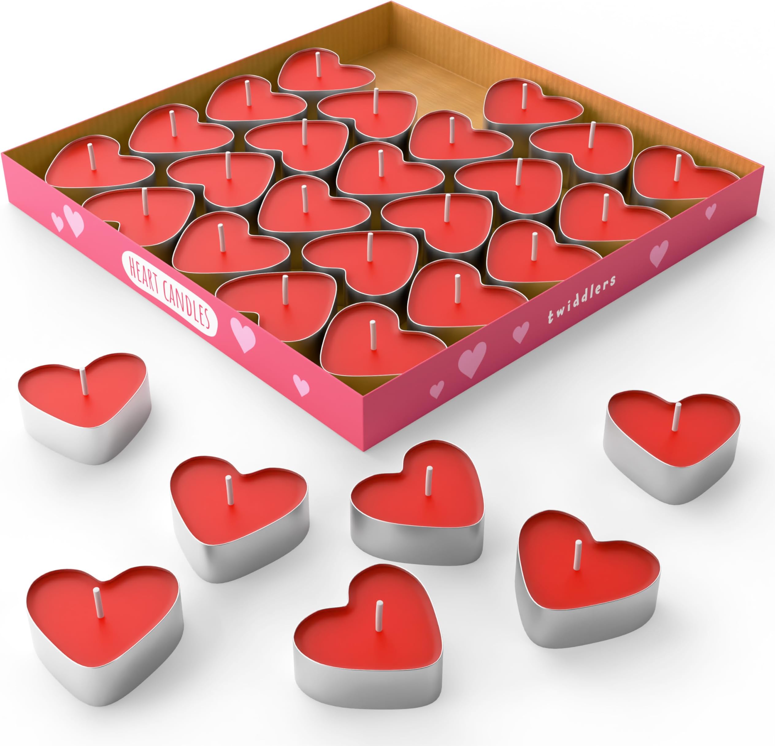 THE TWIDDLERS 50 Pack Red Love Heart Candles Tea Lights (4cm) - Smoke-Free Bulk Set for Romantic Valentine's Dinners, Anniversaries, Wedding Proposals and Decorations
