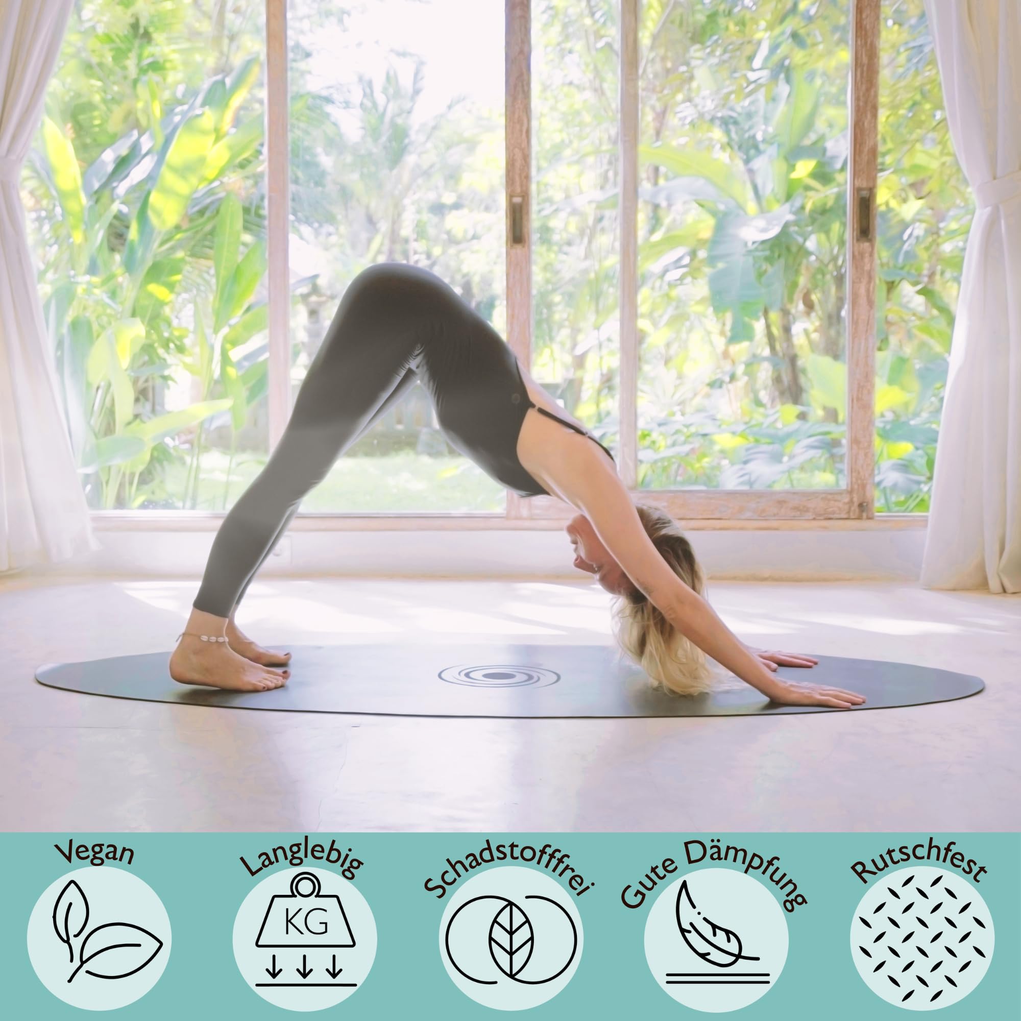 Surfstyle Yogamatte - Ovale Gymnastikmatte, rutschfest inkl. Tragegurt, Sportmatte für Fitness & Pilates, Naturkautschuk, PU-Oberfläche, mit kleinen Schönheitsmängeln