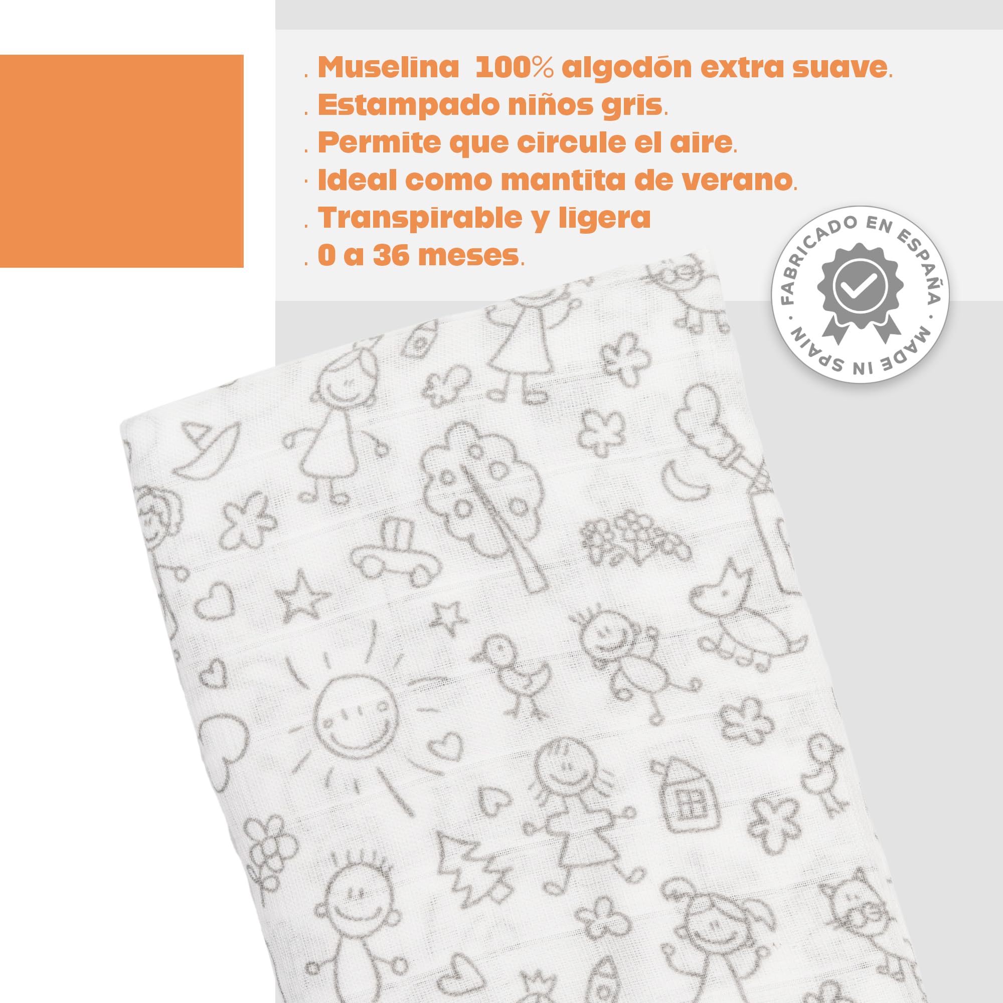 Ti TIN Muselina 100% Algodón 120 x 120 cm, Transpirable, Ligera y Suave, Ideal para bebés de 0-36 Meses, fácil Lavado y Secadora, Fabricada en España, Estampado de Dibujos de niños Color Gris