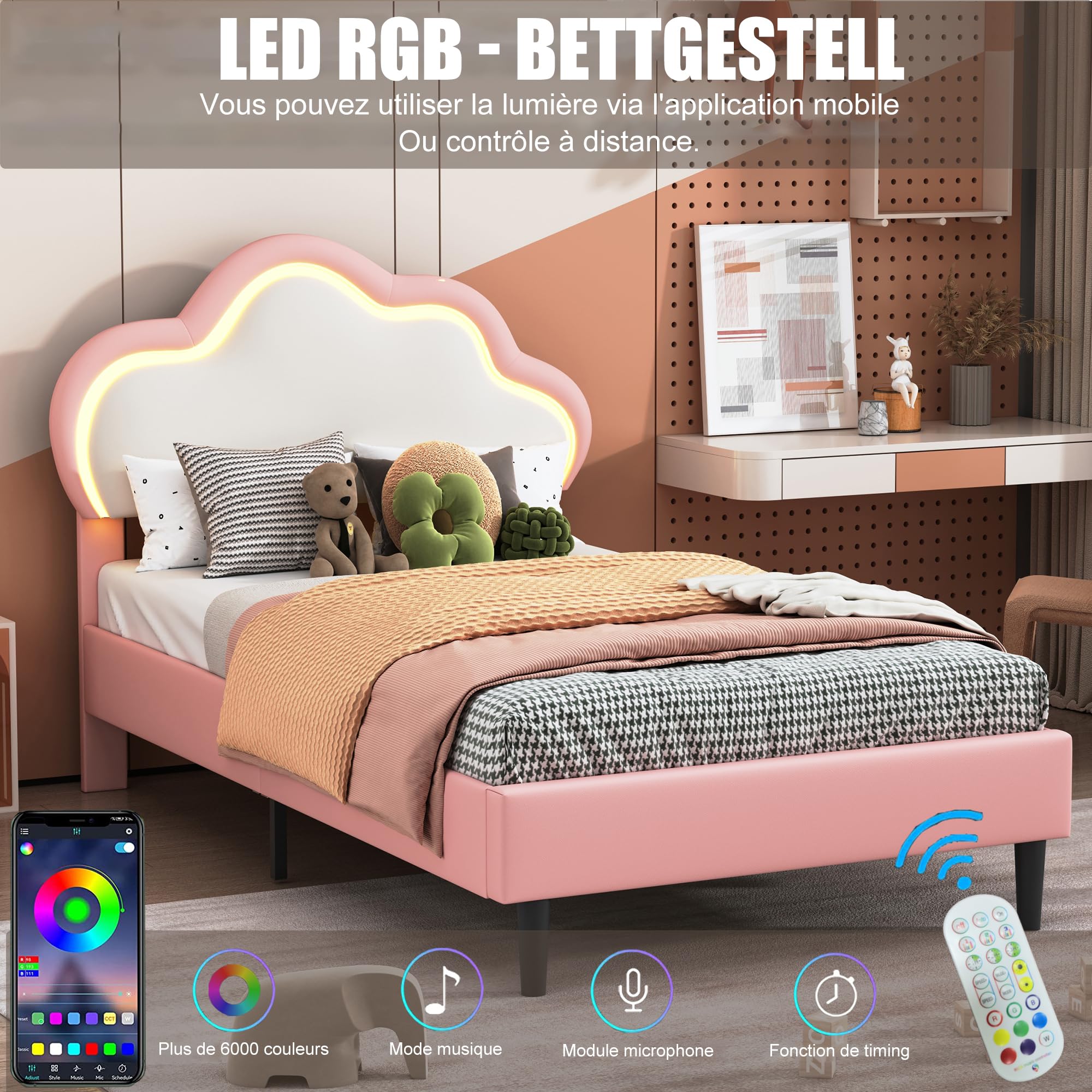Lit simple 90 x 200 cm, Lit Enfant Fille avec LED, Lit Rembourré avec Tête de Lits Réglable en Hauteur en Forme de Nuage, Lits 1 Place pour Fille et Adolescent, PU, Sans Matelas (Rose + Blanc)