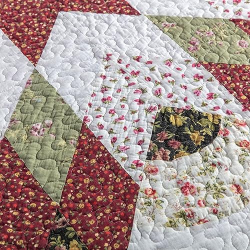 Miniatura 4 de YAYIDAY Juego de colcha de retazos tamaño Queen  100% algodón reversible, transpirable, diseño geométrico de estrellas rojas con fundas de almohada