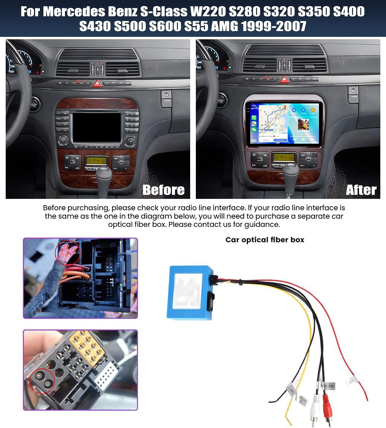 [4G+128G] 9” Car Radio for Mercedes Benz S-Class W220 S280 S320 S350 S400 S430 S500 S600 S55 AMG 1999-2007 Car Stereo with Carplay Android Auto,Mirror Link WiFi/GPS Bluetooth FM/RDS SWC+Rear Camera