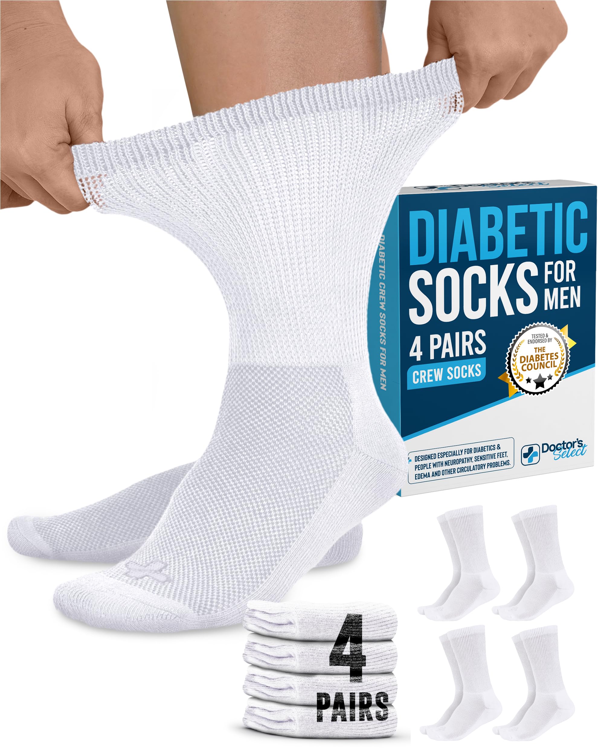 Doctor's Select Diabetic Socks for Men - 4 Pairs Crew Diabetic Neuropathy Socks for Men | Diabetic Socks for Men 9-12
