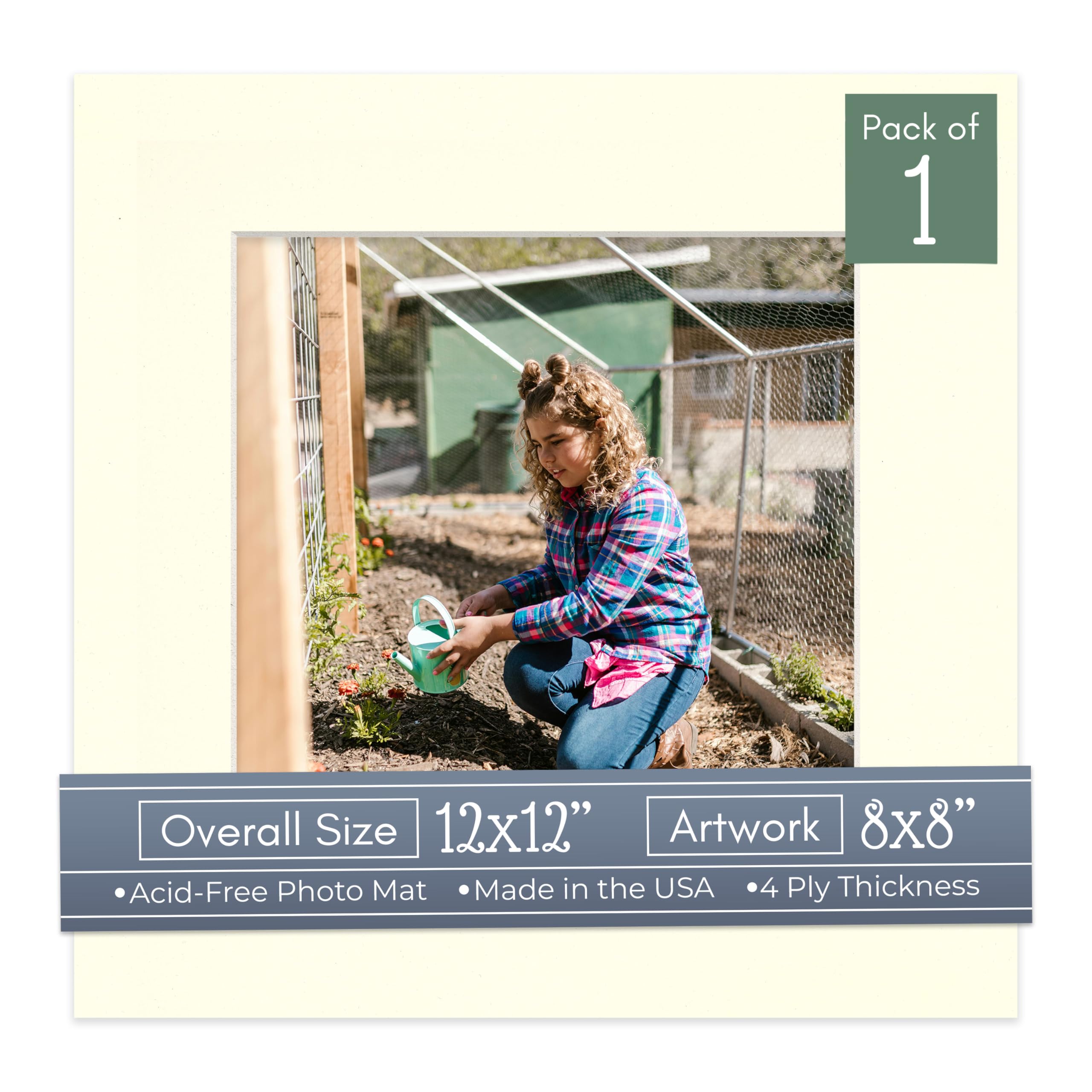 CountryArtHouse Textured Cream Acid Free 12x12 Square Picture Frame Mat with White Core Bevel Cut for 8x8 Pictures - Fits 12x12 Frame - Pack of 1 Matboard Show Kit with Acid Free Backing & Clear Bag-picture-13