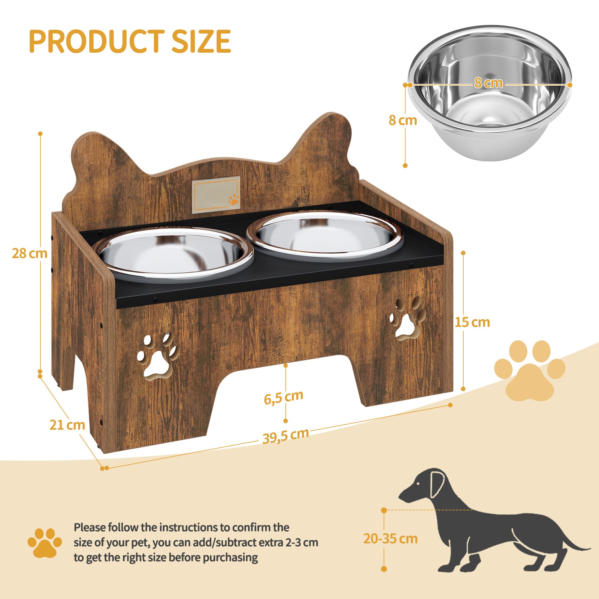 Hzuaneri Comedero Perro Elevado, Comedero Elevado Perro con 2 Cuencos de Acero, Antideslizante y a Prueba de Salpicaduras, Marrón y Negro PB01601B