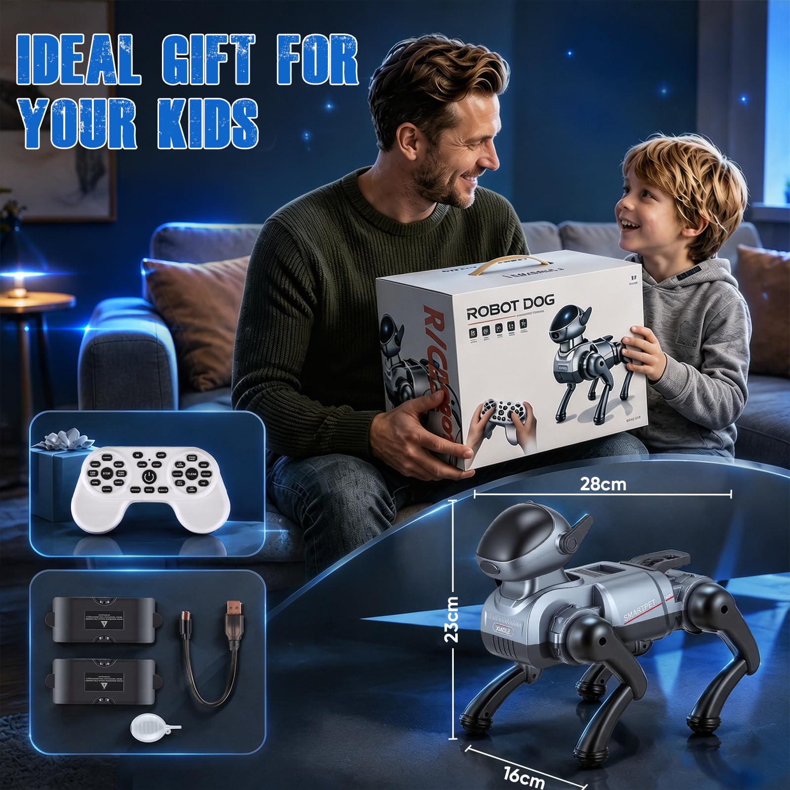 Perro Robot para Niños Recargable – Robot programable con Control Remoto 2.4G, 25 Funciones, Perro Robot Inteligente con Luces LED y Efecto de Humo, Regalos para Niños y Niñas