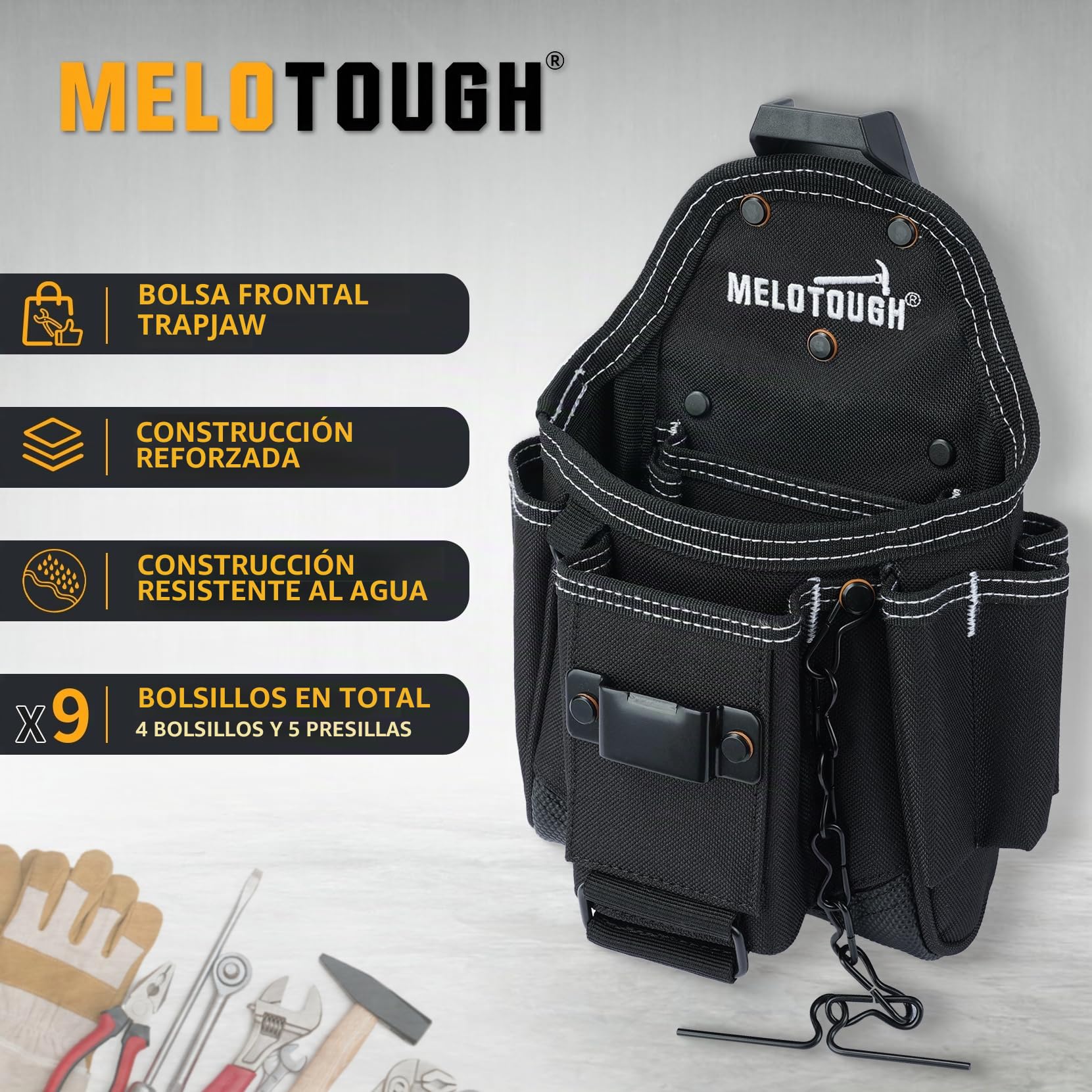 MELOTOUGH Bolsa de herramientas para electricista profesional para cinturón con clip de cinturón 9 bolsillos bolsa de herramientas artesanales con cinta adhesiva funda de cuerda