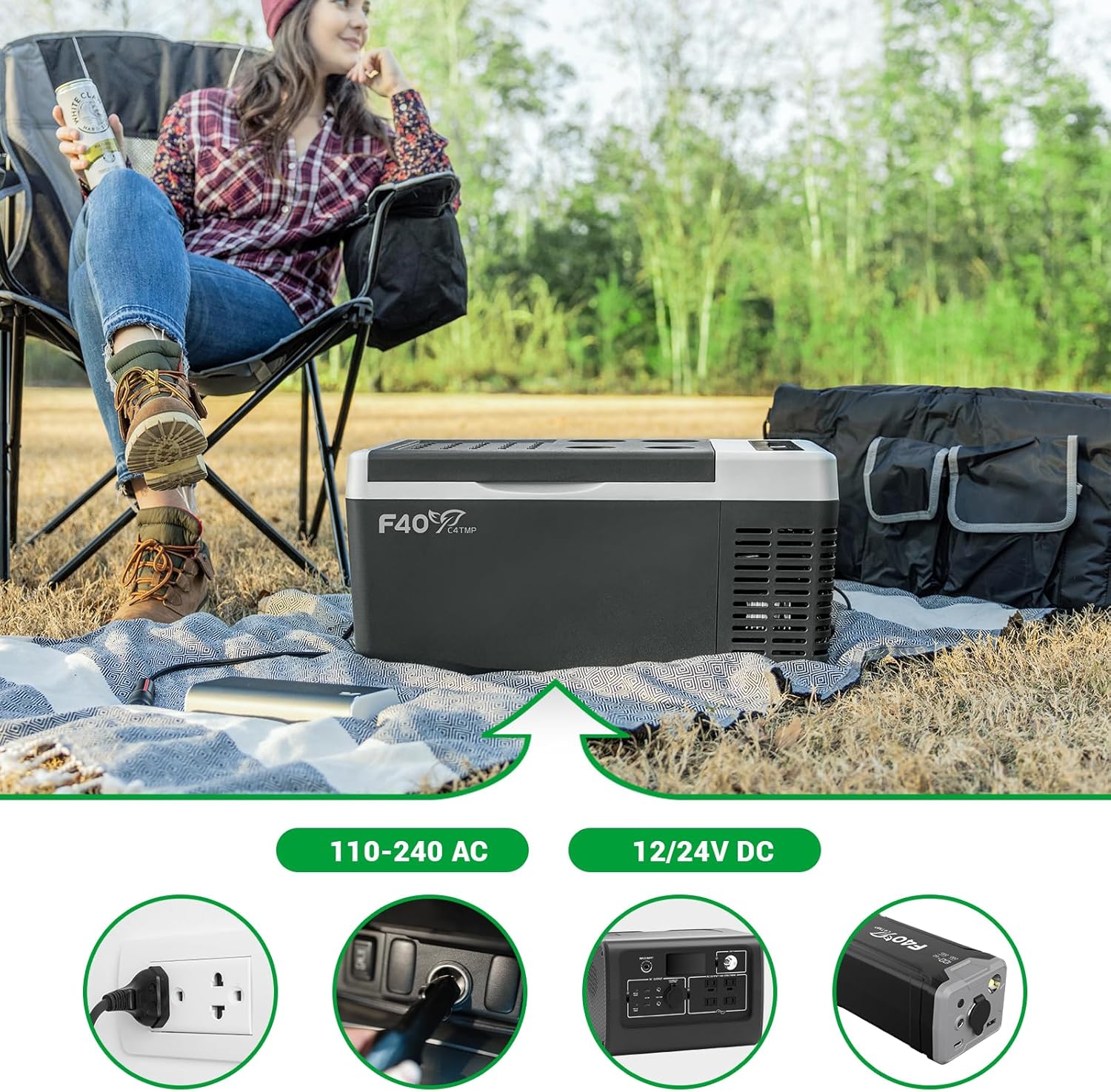 F40C4TMP 20 Quart Portable Refrigerator connected to power sources, showing AC and DC input options.