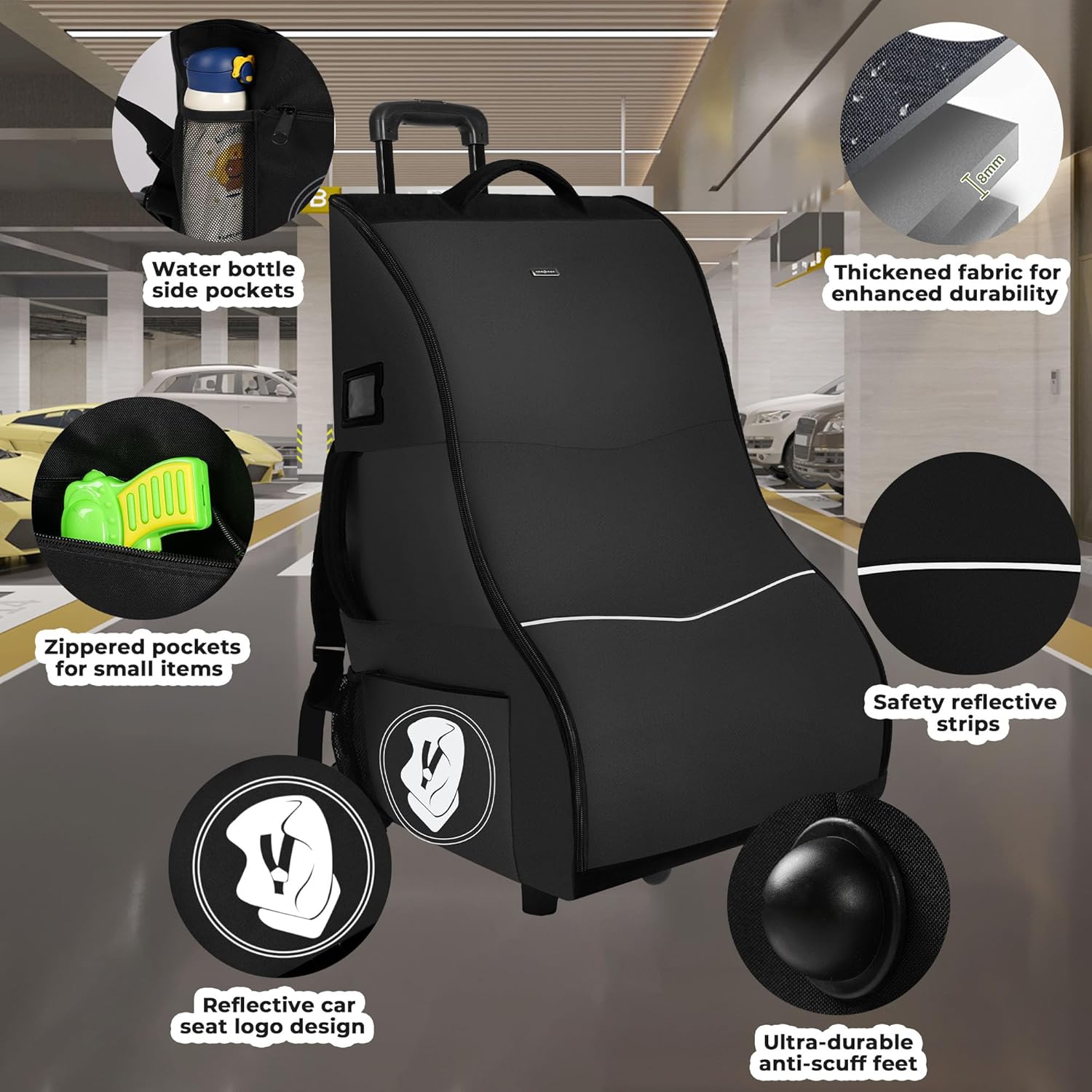 Rolling Car Seat Travel Bag with Wheels – Car Seat Backpack Transport Case for Airplane Travel, Fits Convertible & Booster Seats, Protective Storage Cover, Black