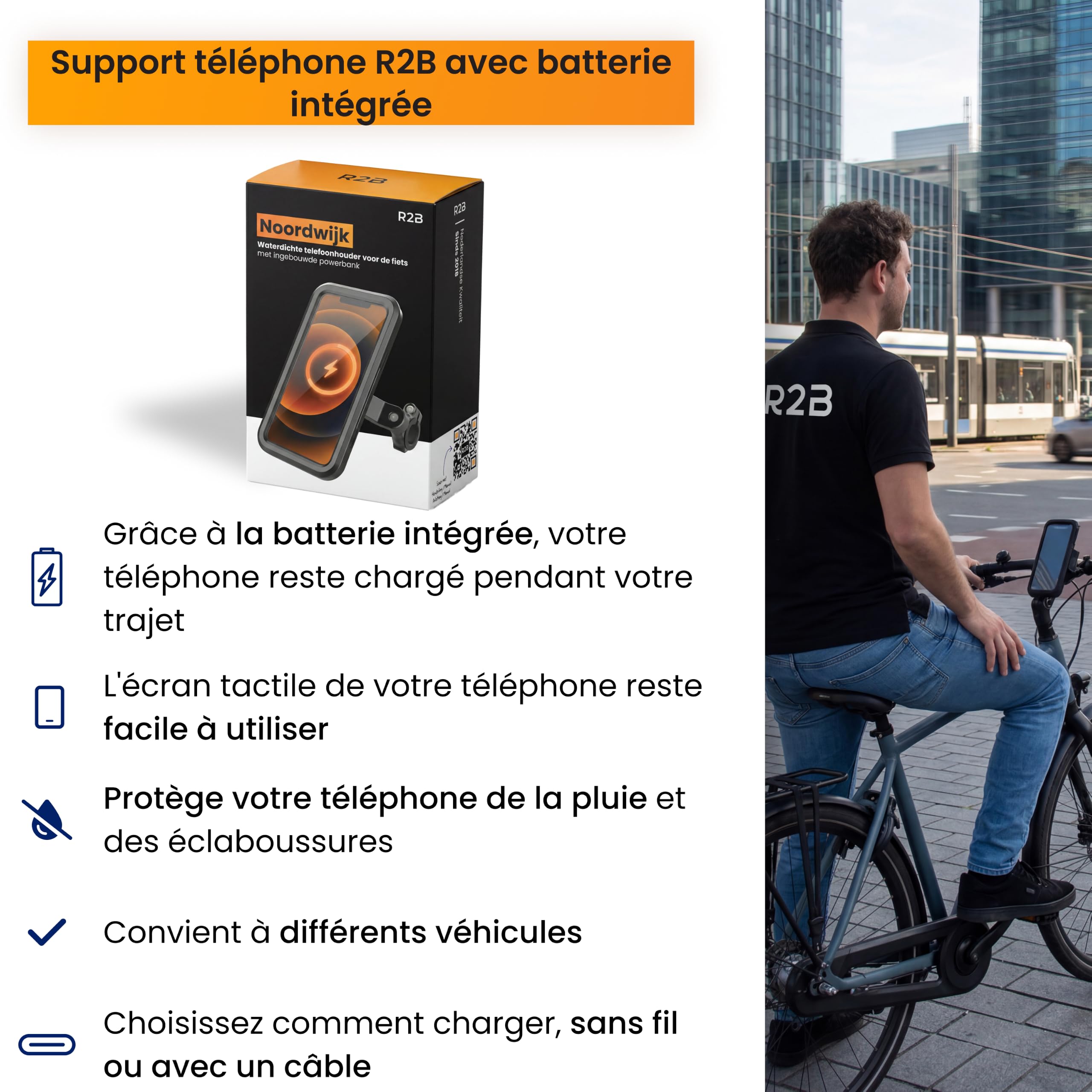 R2B Support Téléphone Vélo avec Batterie Externe 5000mAh, Support Vélo Étanche Téléphone Support Smartphone Vélo avec Charge sans Fil pour Moto, Scooter et E-Bike
