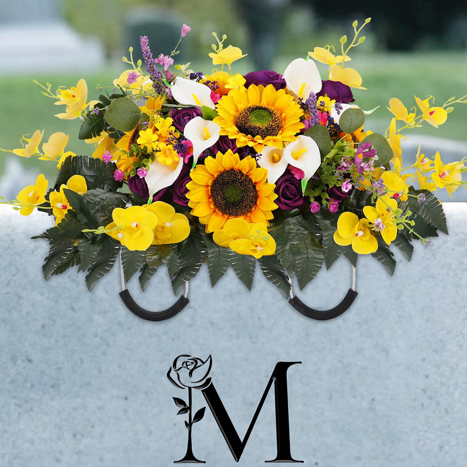 Headstone Flower Saddle for Cemetery: Rose Sunflower Artificial Cemetery Saddles for Headstones - Grave Decorations image 5