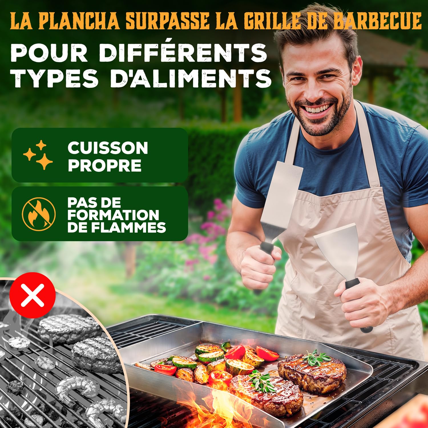 Blumtal set piastra per barbecue plancha in acciaio inox con 2 spatole e bottiglia per olio - 30x40 cm piastra acciaio per barbecue - piastra barbecue gas per aromi perfetti - plancha a gas robusta