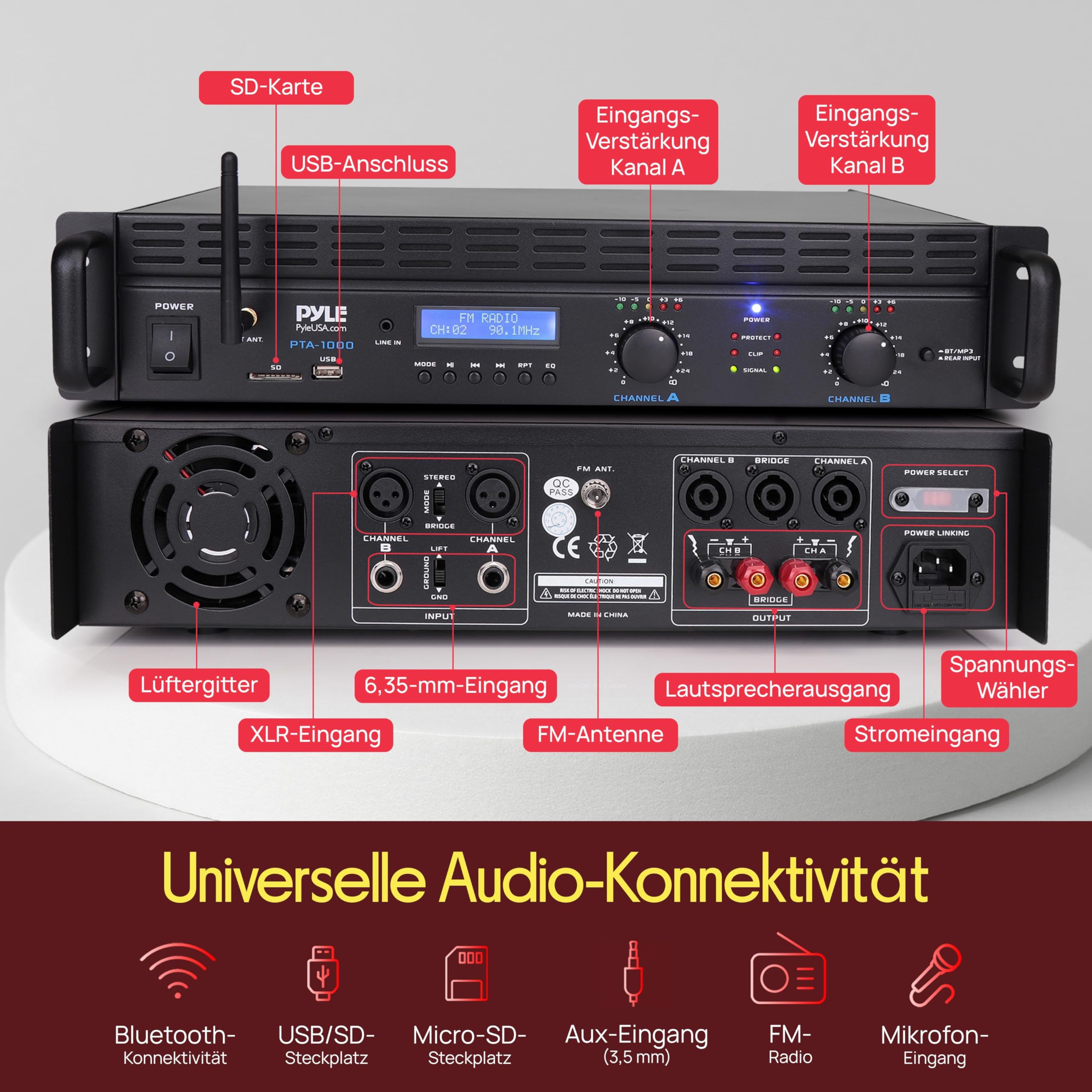Pyle Verstärker 2 Kanal mit Bluetooth, 2000W, Rackmount Pa Endstufe, XLR, RCA, TRS, USB, Brückenmodus, Lüfter für Hobby-DJs, Veranstalltungen