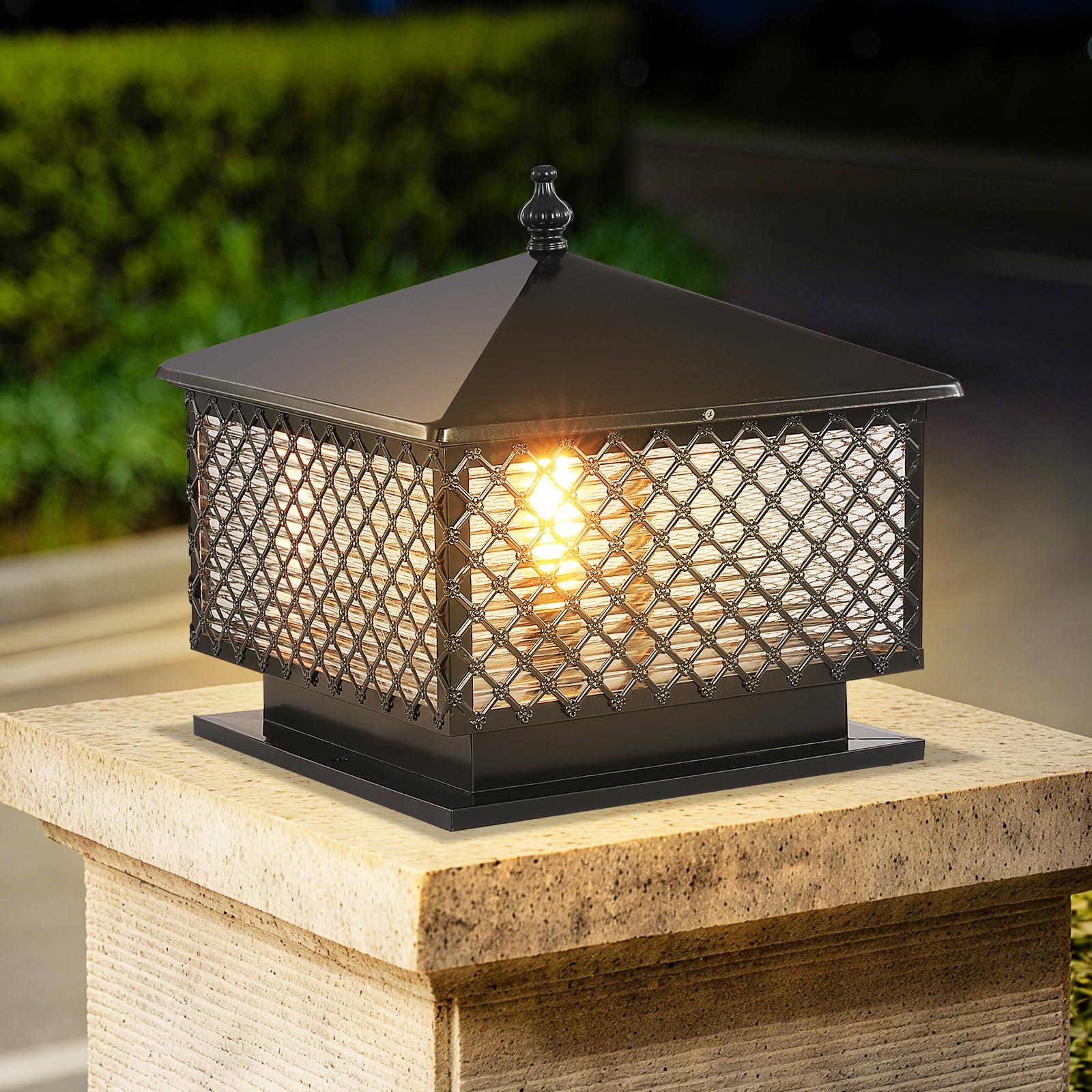 Outdoor Post Caps Lights Hard Wired E27 Exterior Outdoor Post Lantern Black Column Pillar Lights Square Outside Gate Pedestal Lighting Weatherproof Bollard Lamp Garden Park Garage Pier Mount Lamps