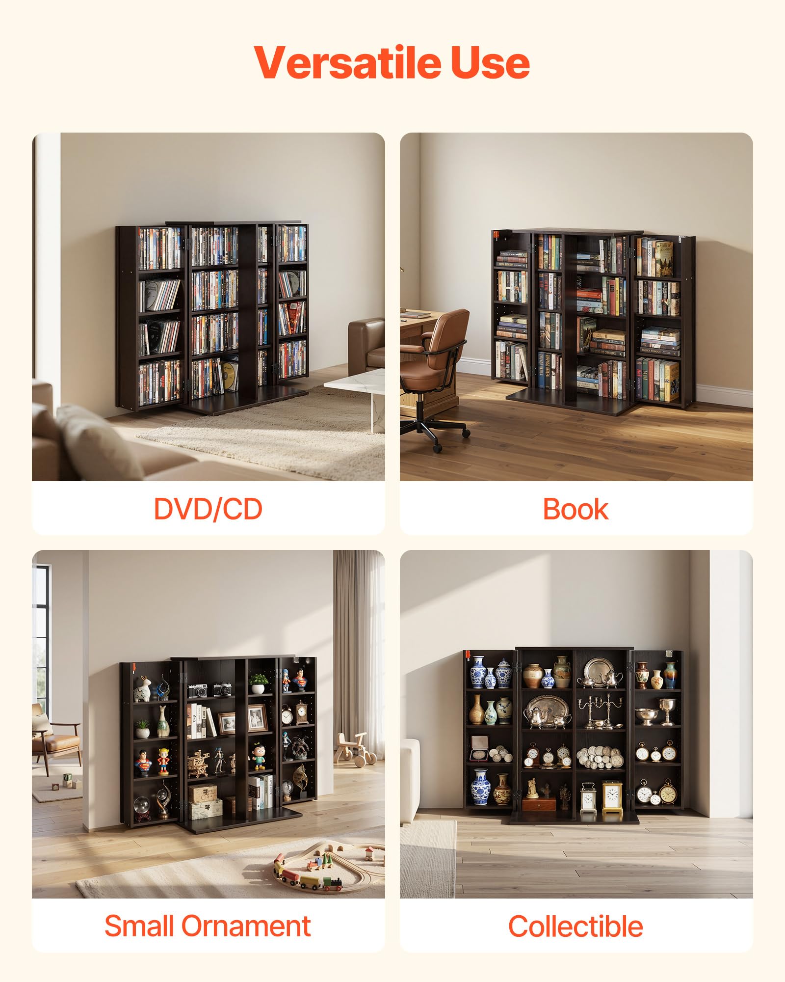 VEVOR Estantería de Pared, 610 x 368 x 846 mm, Armario de Almacenamiento de 16 Compartimentos, Estantes Ajustables, Dispositivos Antivuelco, para CDs DVDs Libros, Mueble para Salón Oficina, Marrón