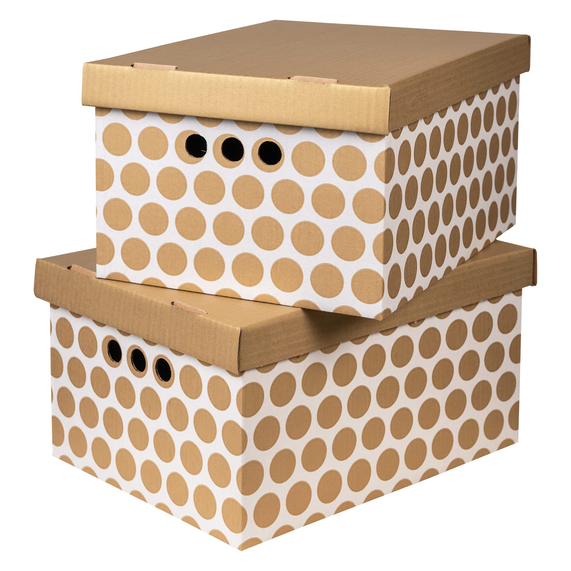 Cardboard Storage Boxes with Lid, Decorative Wardrobe, Closet, Home & Office Organiser with Handle, Flat-Packed, Stackable File Box, Gift for Adults & Kids, Set of 2, XLarge - Gold Dots on White — image 1
