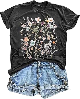 Women's Vintage Floral T Shirt Boho Wildflower Graphic Loose Tees