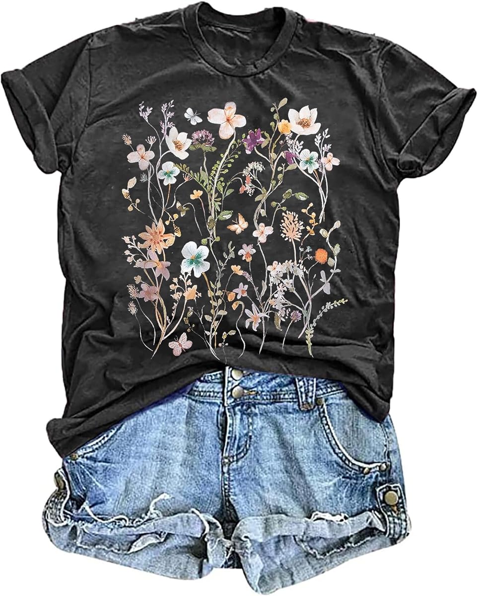 Camiseta floral vintage de las mujeres Boho Wildflower Graphic Loose Tees manga corta Casual Tops