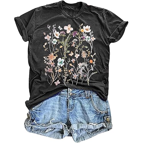 Women's Vintage Floral T Shirt Boho Wildflower Graphic Loose Tees Short Sleeve Casual Tops