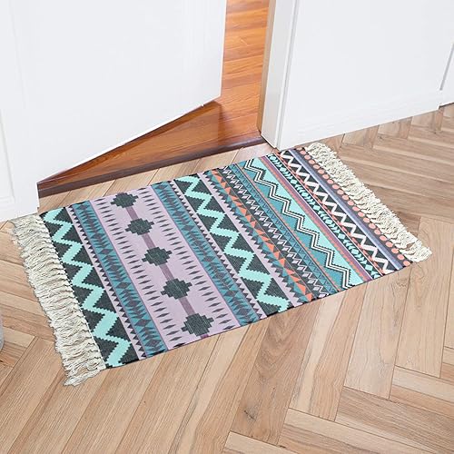 Miniatura 4 de ABREEZE Juego de 2 alfombras de algodón de 2 x 3 pies + 2 x 4 pies 4 pulgadas, alfombras de algodón bohemias tejidas a mano con borlas, alfombra de