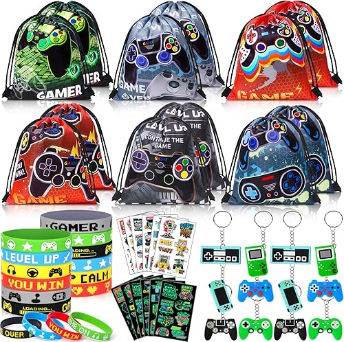 Winrayk 12 juegos de regalos de fiesta de videojuegos, suministros de cumpleaños para jugadores, bolsa con cordón para juegos, pulsera de silicona
